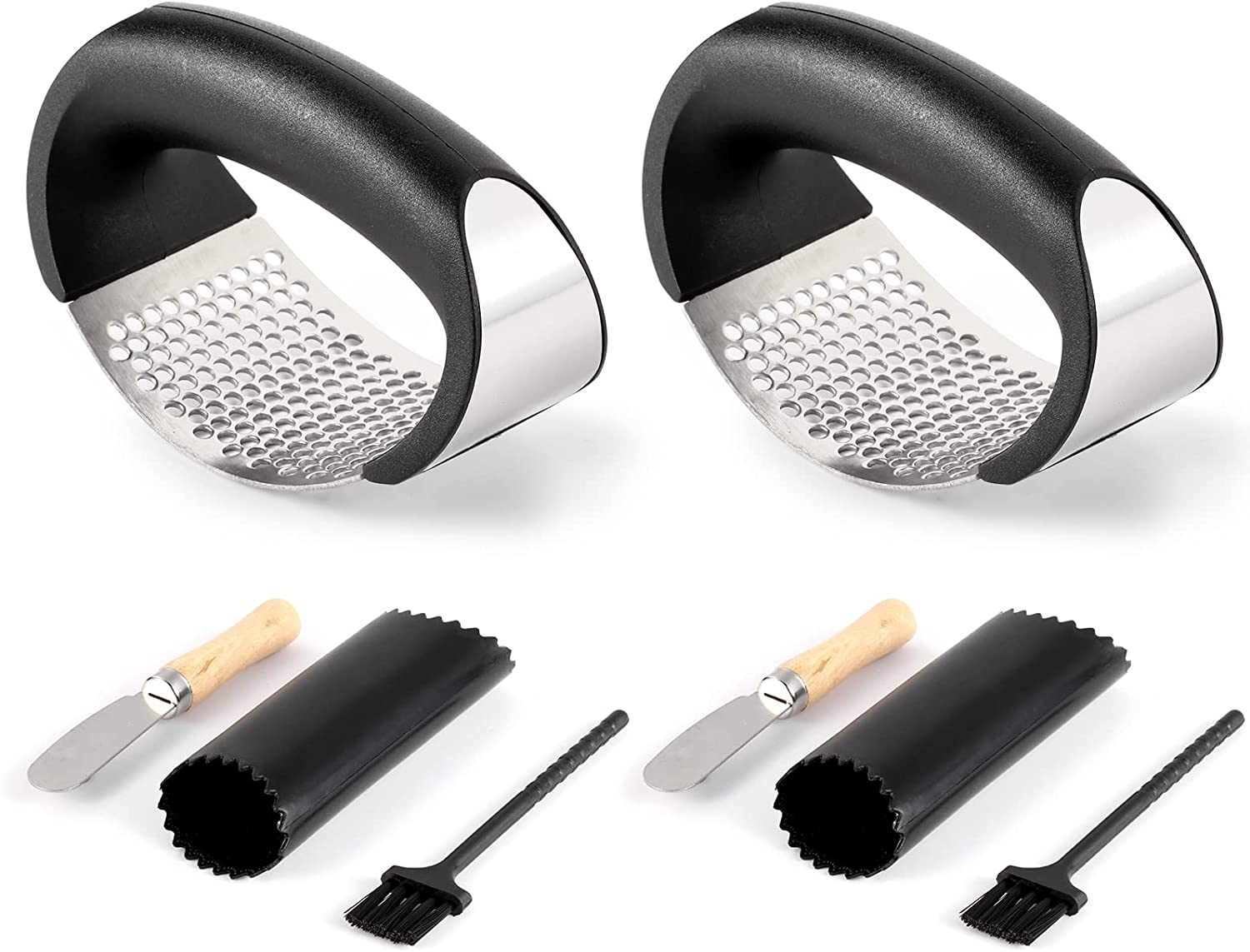 2 Pack Garlic Press Rocker, Stainless Steel Garlic Mincer with 2 Peelers, 2 Scrapers and 2 Brushes | Garlic Crusher Garlic Chopper for Smashing Garlic image number 2
