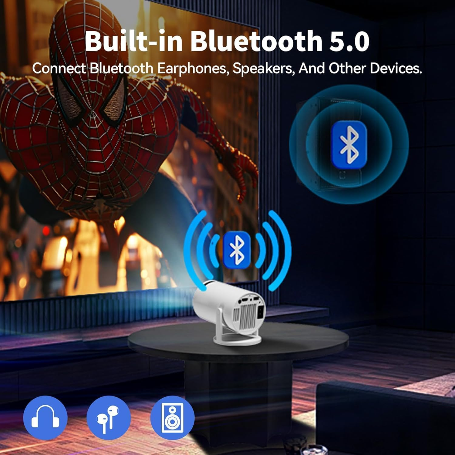 Mini Projector with Wifi 6 and Bluetooth, 4K 1080P Support Portable Projector, Built-In App, Android 11, Auto Keystone Correction, 40"-130" Screen Video Projector for Laptop/Pc/Smartphone image number 5