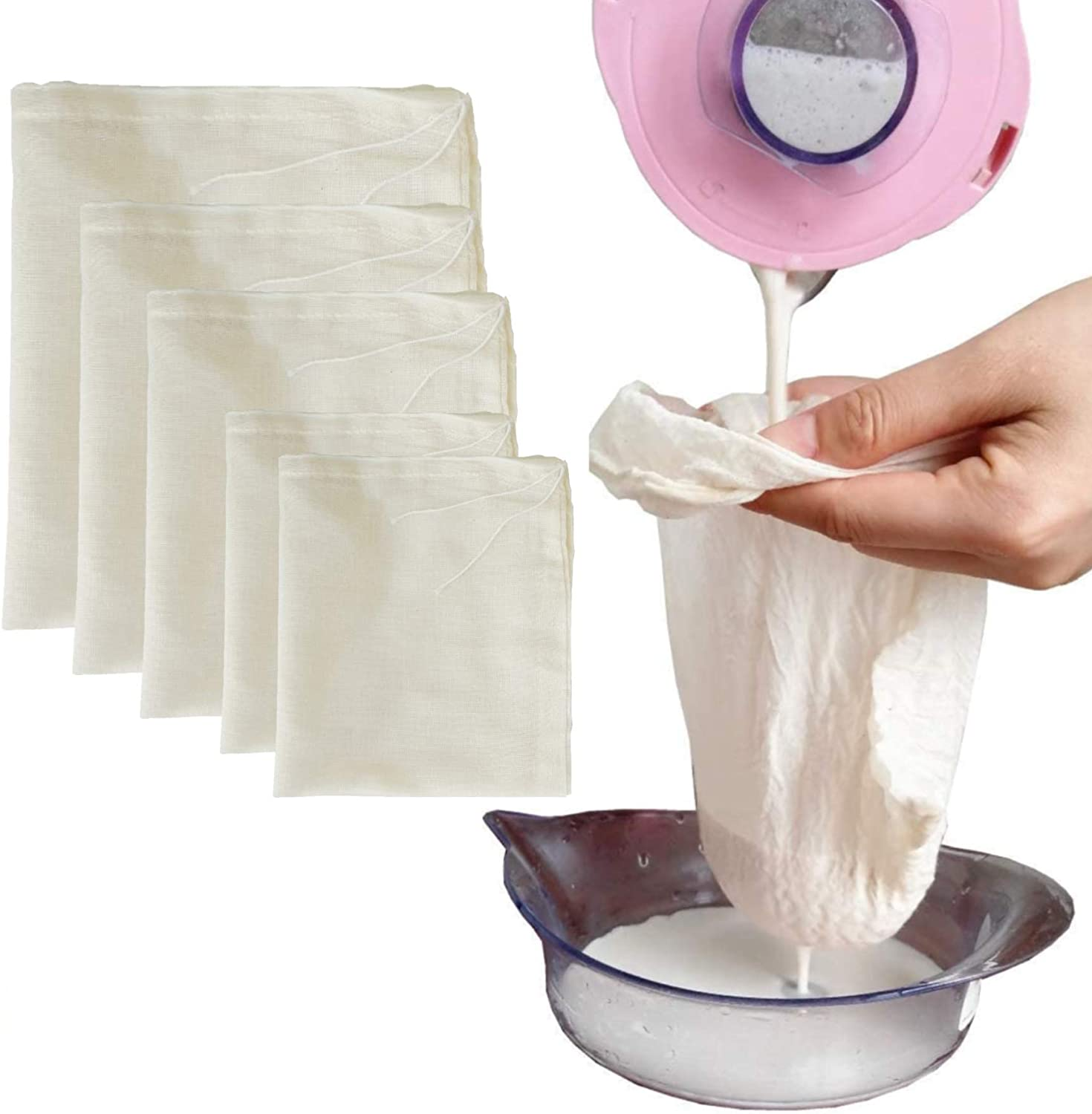 AUXIN Nut Milk Bags,100% Cotton Cheesecloth Bags,Yogurt/Coffee/Tea Strainer,Reusable Almond Milk,Oat Milk,Juice,Cold Brew Coffee,Food Grade,Reusable Washable Strainer (Large, 2 Pack) image number 5