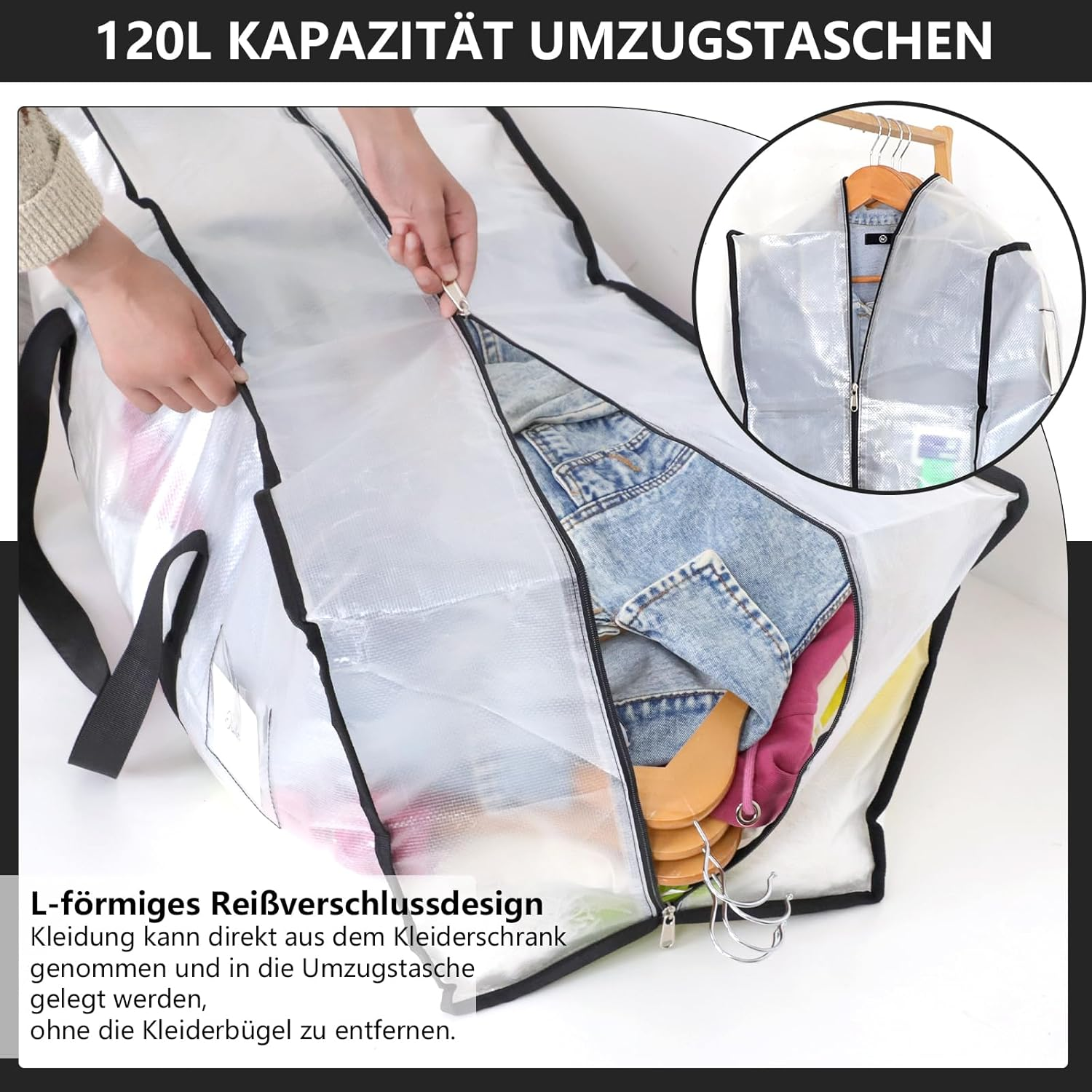 Dntorx Pack of 2 120 L Storage Bags, Heavy-Duty Moving Bags, Transparent Moving Boxes, Large with Zip, Handle, Foldable Storage Box for Moving, Camping, Bed Linen, Clothing Storage image number 5