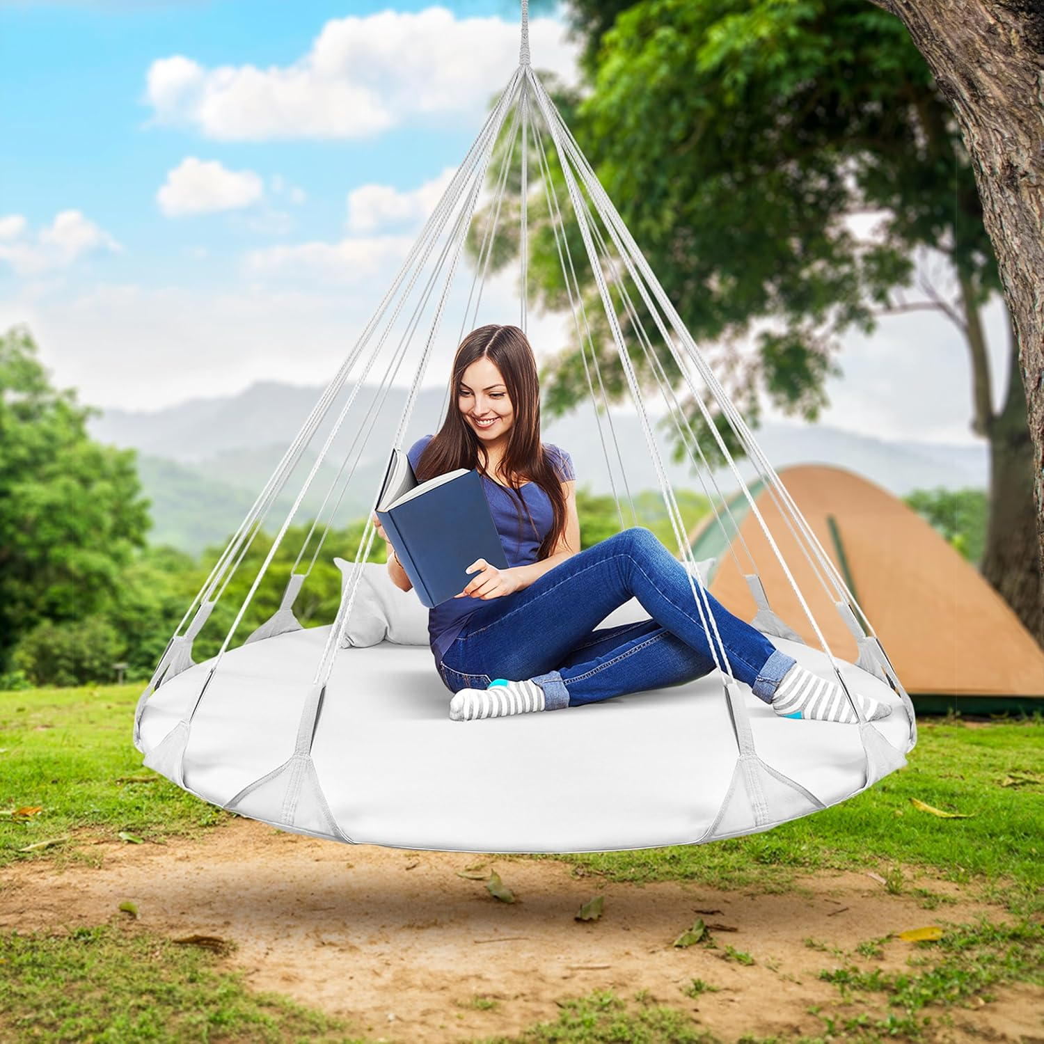Sorbus 56" Stylish Hanging Swing Nest - Premium Cotton Double Hammock Daybed Saucer Style Lounger Swing - 264Lbs Sturdy Spinner Tree Swing W/Pillow - Easy Setup - for Indoor/Outdoor, Travel - White - Green image number 6