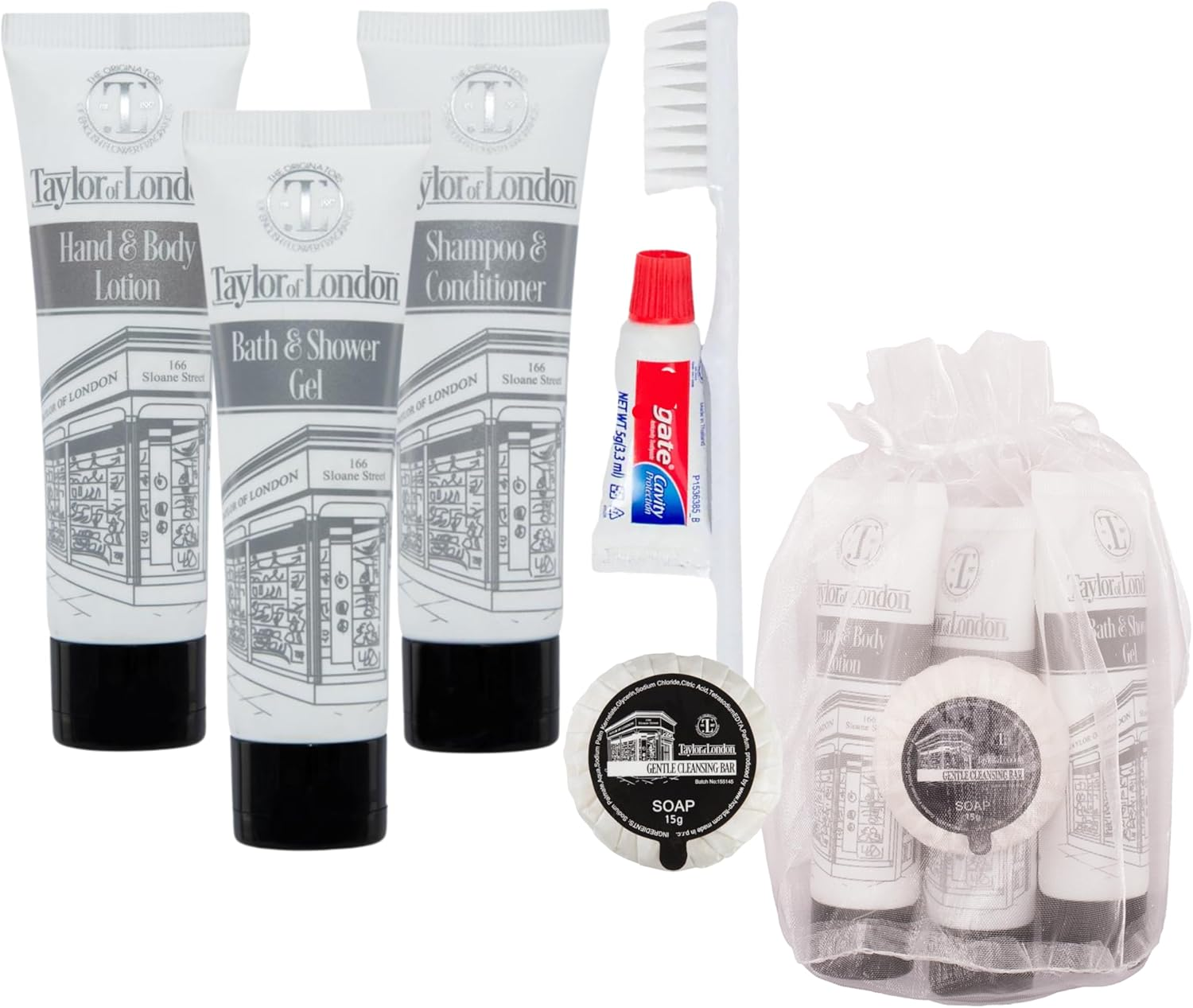 7Pcs Travel Essentials Toiletry Bags for Women & Men - Holiday Essentials Including Travel Toothbrush, Mini Toothpaste, 30Ml Mini Shampoo and Conditioner Set, 30Ml Shower Gel, 15G Soap in Organza Bag image number 2