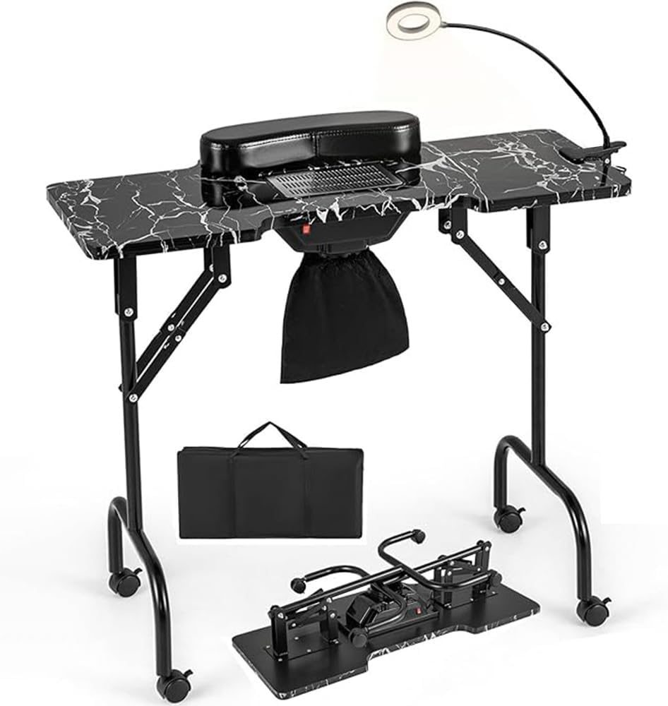 GUDAJIN Portable Nail Table, Foldable All-In-One Nail Table, Mobile Nail Art Workstation with Dust Collector, Nail Light, Carrying Bag and Wrist Pad for Nail Beauty Salon (Black) image number 5