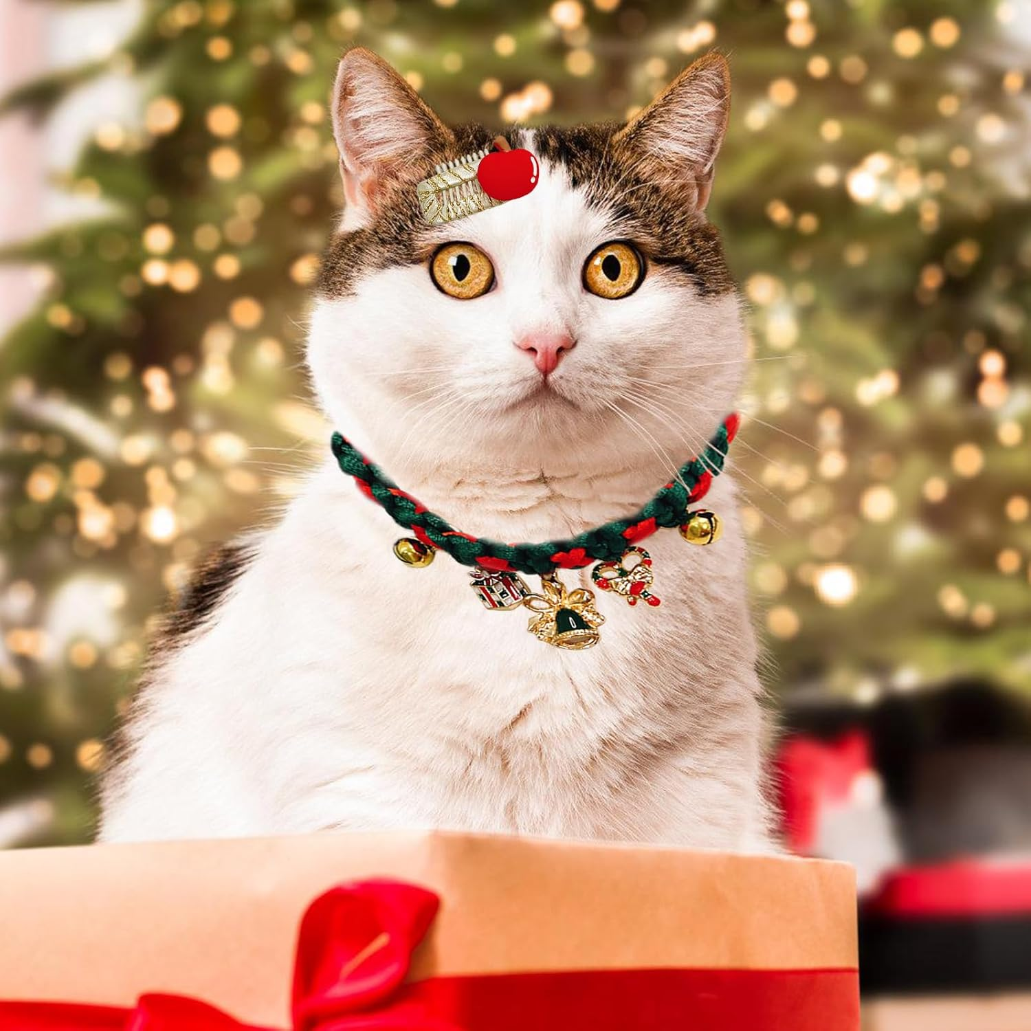 Christmas Handmade Pet Woven Collar Adjustable Xmas Knitted Cat Collars with Puppy Hair Clips New Year Hand Woven Dog Cat Bell Collar for Cat Small Puppy Dogs (Xmas Bell) image number 4