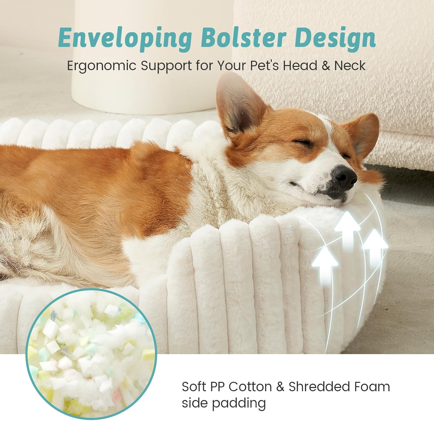 Orthopedic Dog Bed for Small Dogs & Cats - Washable Rectangle Pet Bed with Anti-Slip Bottom, Soft Calming Cat & Puppy Bed for Indoor Pets (64X53X15 Cm, Cream)