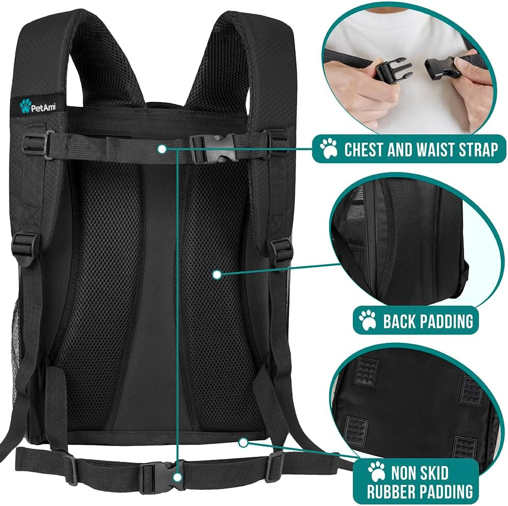 Petami Deluxe Pet Carrier Backpack for Small Cats and Dogs, Puppies | Ventilated Design, Two-Sided Entry, Safety Features and Cushion Back Support | for Travel, Hiking, Outdoor Use (Black) - Black image number 3