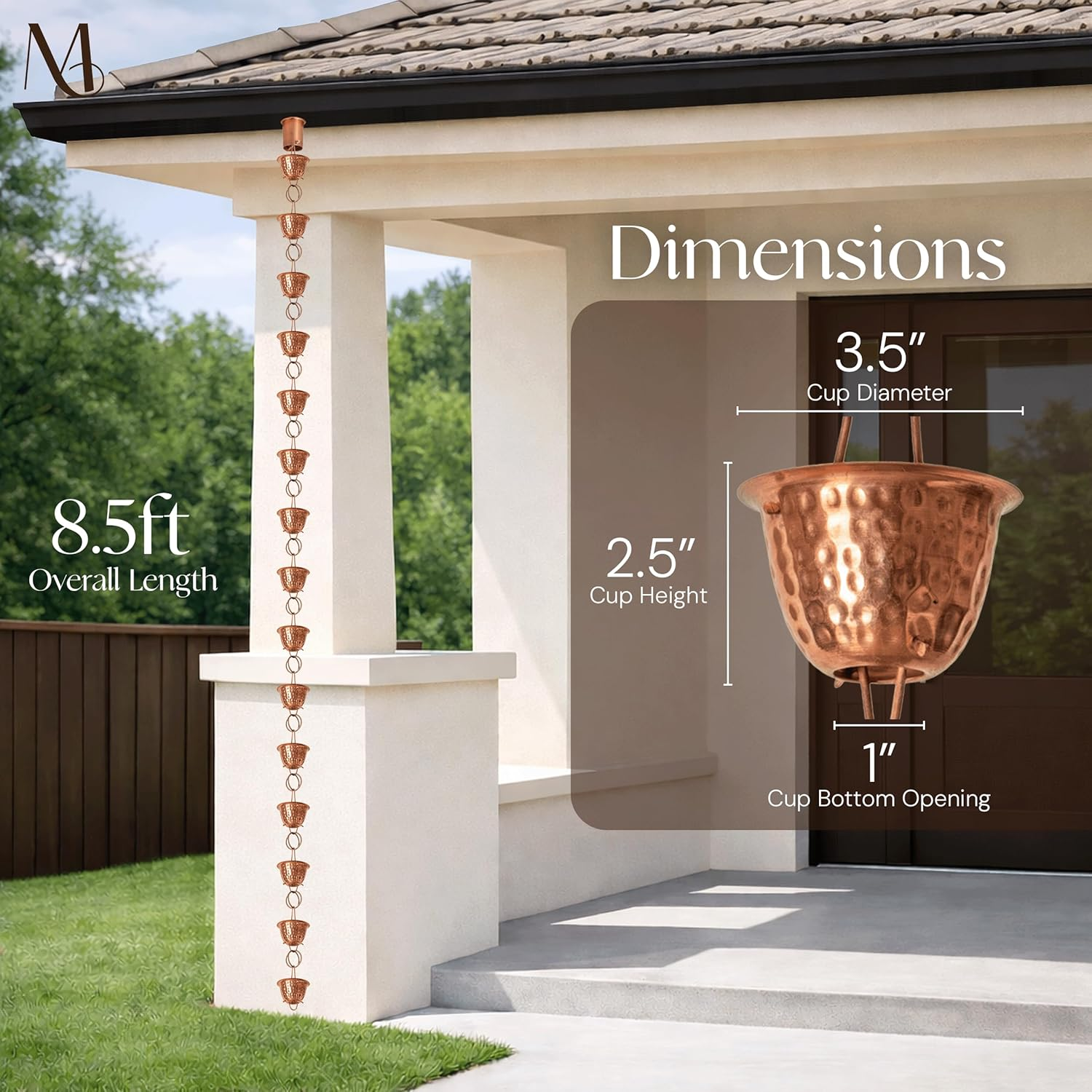 Monarch Rain Chains 26558 Pure Copper Hammered Cup Rain Chain Replacement Downspout for Gutters, 8-1/2 Feet Length