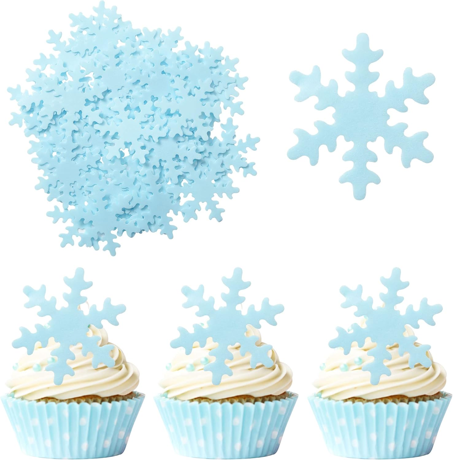 50Pcs Blue Edible Snowflake Cupcake Toppers Snowflakes Cake Topper Decorations for Christmas Winter Holiday Frozen Theme Babyshower Birthday Wedding Party Supplies - Blue image number 4