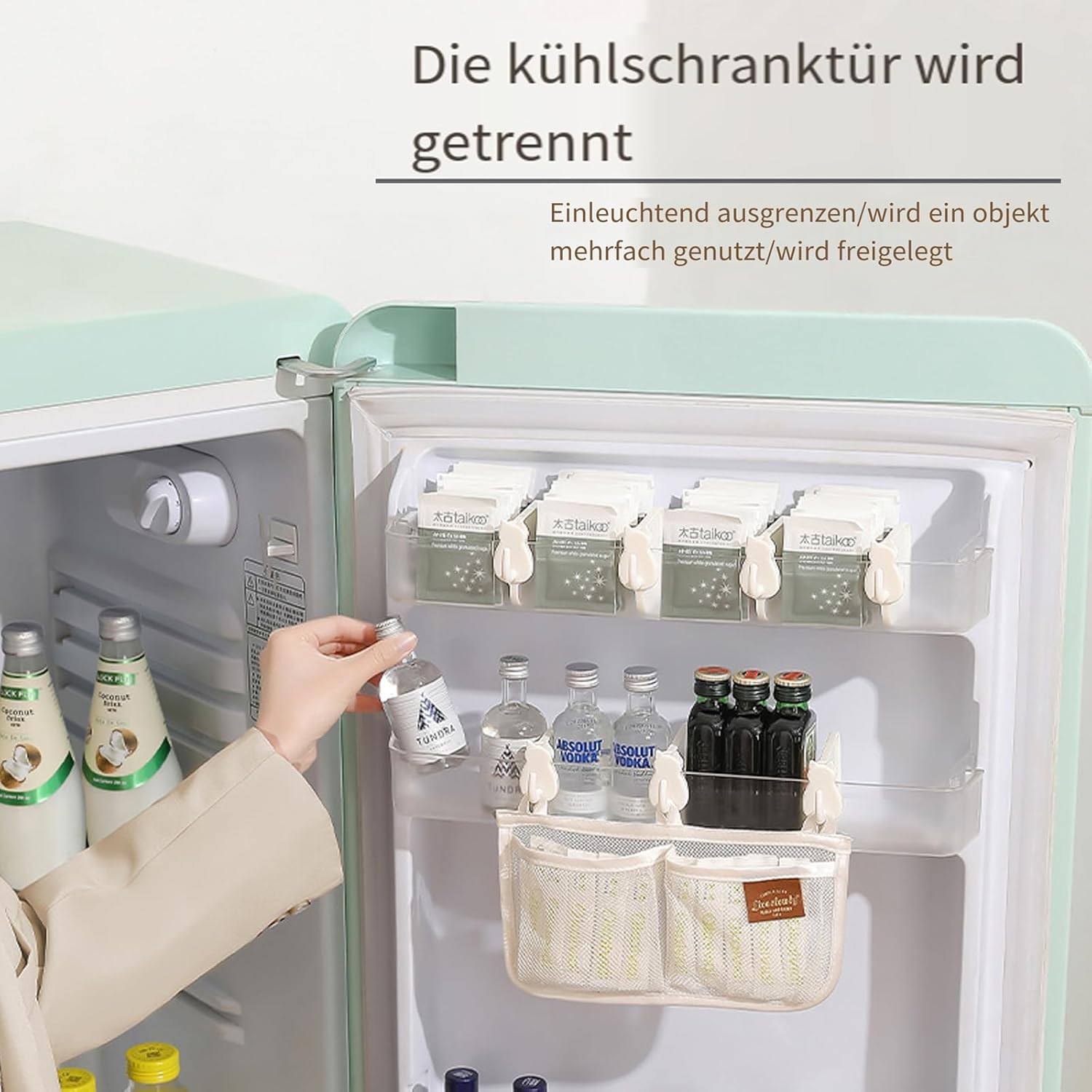 Fridge Storage Net Bag for Hanging, Fridge Organiser with 2 Tube Holders Partition, Double Compartment Hanging Storage, Fridge Storage Bags for Kitchen Organisation (Green-1) - Green (Green-1) image number 4