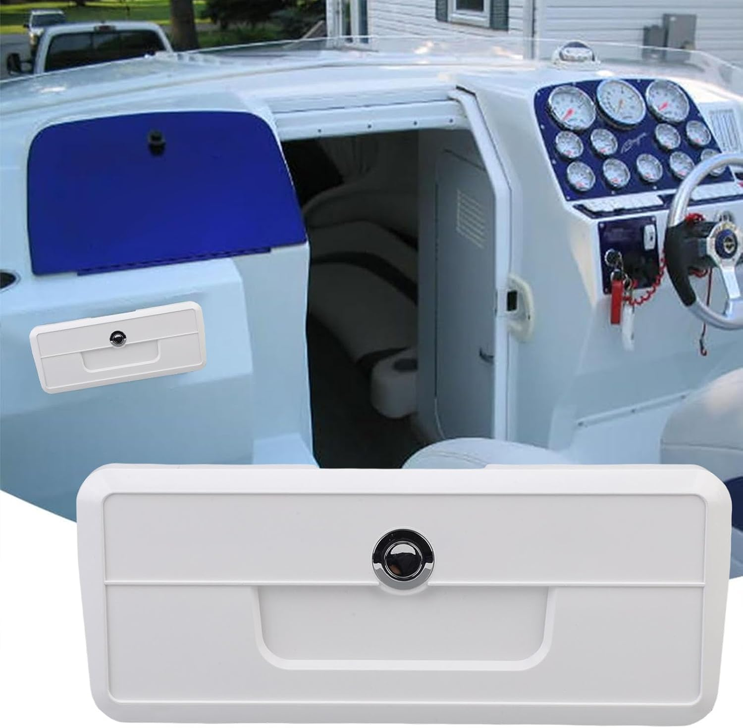 Jiawu Boat Storage Compartment, ABS Plastic Boat Glove Box with with Double Cup Holder Design, Concealed Button Lock, Spacious Pontoon Yacht Storage Box (White) - Black image number 6