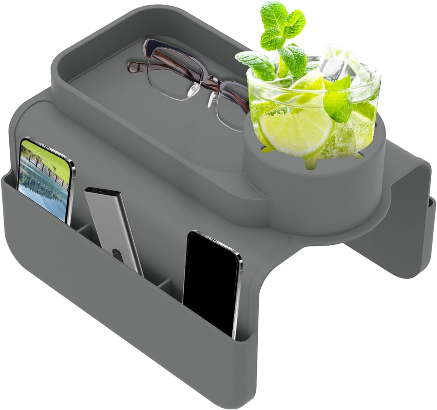 SYKUIHSG Silicone Couch Cup Holder Tray, Sofa Armrest Tray with Side Pockets, Easy to Install Silicone Armchair Cups Holders, Dirt Resistant Couchs Arm Trays, Portable Sofa Armrest Organizer. (Grey) image number 2