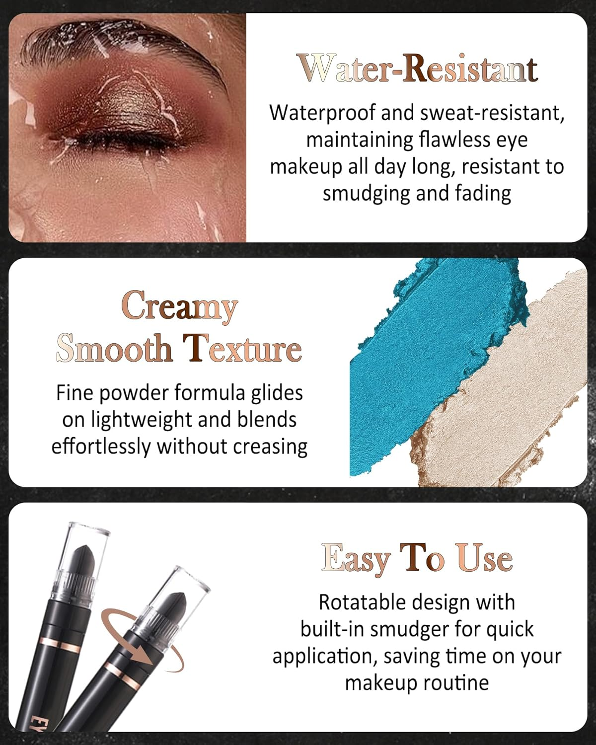 Blue Glitter Eyeshadow Stick, Rotating Creamy Silky Eyeshadow Stick, Waterproof and Long-Lasting, Shimmer Eyeshadow Pen Crayon with Smudger, Highly Pigmented Eye Makeup for Wrinkle Free D12 image number 3