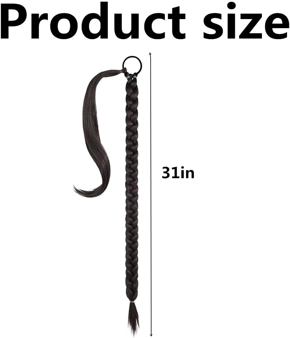 31 Inch Long Braided Ponytail Extension with Hair with Tie Straight Wrap around Hair Extensions Pony Tail DIY Natural Soft Synthetic Piece for Women (80Cm, Black)