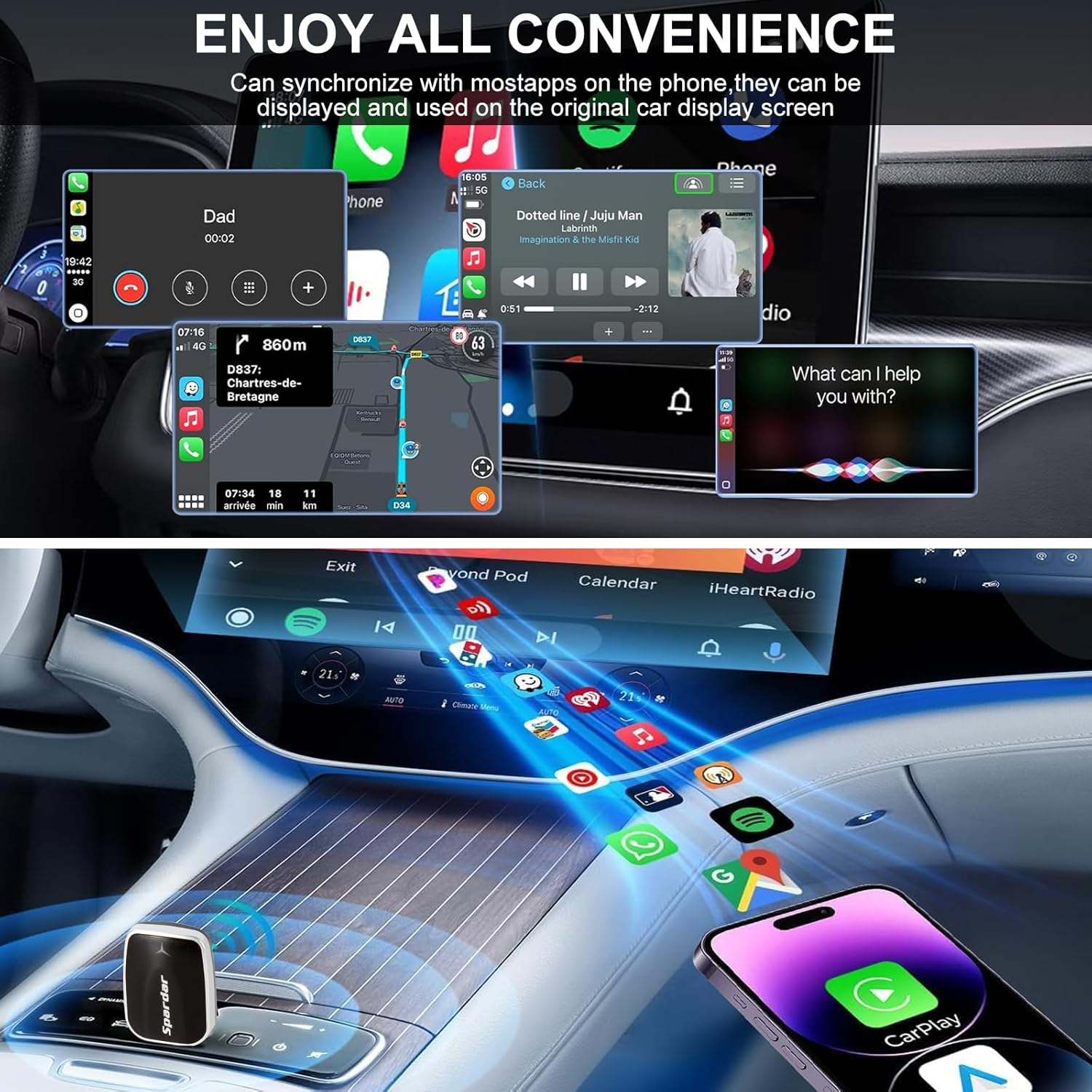 Spardar Car Play Wireless Adapter, 2-In-1 Wireless Carplay for Iphone & Android, Plug & Play Wired to Wireless Converter with Dual Usb-A/Type-C Adapter image number 1