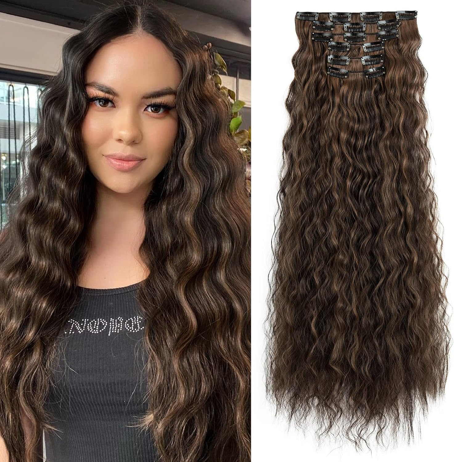 FLUFYMOOZ Clip in Hair Extensions,6Pcs Hair Extensions Long Mermaid Waves Wavy Synthetic Clip on Hairpiece for Women 24 Inch (Dark Brown with Highlights)