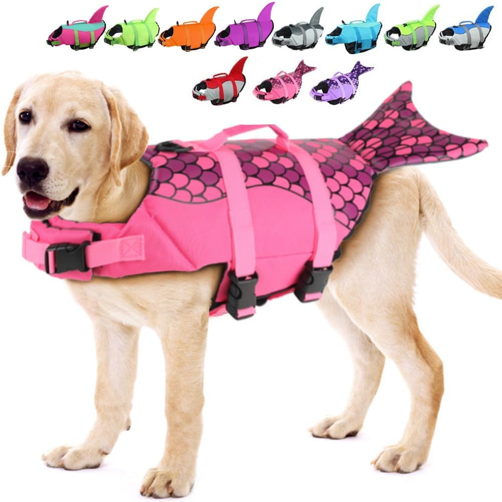 EMUST Mermaid Life Jackets for Dogs, Adjustable Small/Medium/Large Dog Life Vest for Water Safety Pet Life Vest with Rescue Handle Safety Vest for Swimming Pool Beach Boating, L