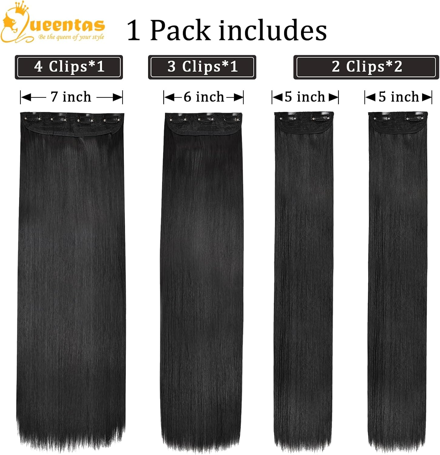 QUEENTAS 4Pcs Long Straight Black Clip in Hair Extensions for Women, Natural & Good Connectivity Hair Extensions Clip In(22Inch, 1B) image number 6