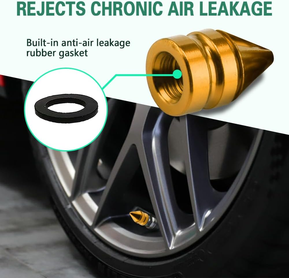 4PCS Tire Valve Caps, Tire Valve Stem Caps, Spiked Aluminum Stem Valve Caps with Plastic Liner Corrosion Resistant Leak-Proof, Universal Car Accessories Universal for All Vehicles (Gold) image number 3