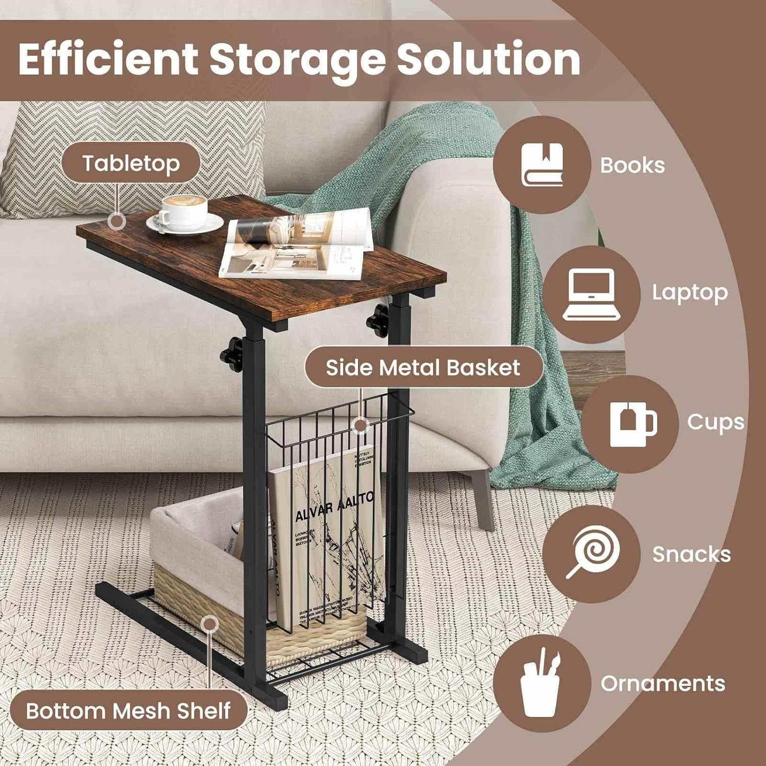 Costway Height Adjustable C Shape Side Table, Mobile End Table with Detachable Wheels, Side Basket and Bottom Mesh Storage, Space-Saving Slide under Sofa Table for Living Room Bedroom (Rustic Brown) image number 5