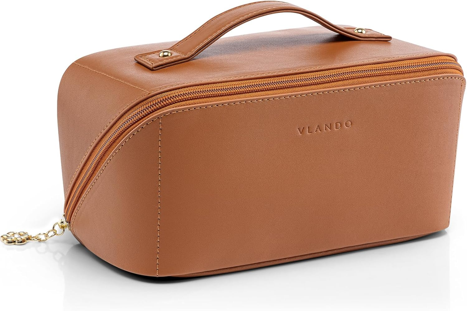 Vlando Travel Makeup Bag,Toiletry Bag for Women PU Leather Open Flat Make up Bag, 02.Brown, Open Flat