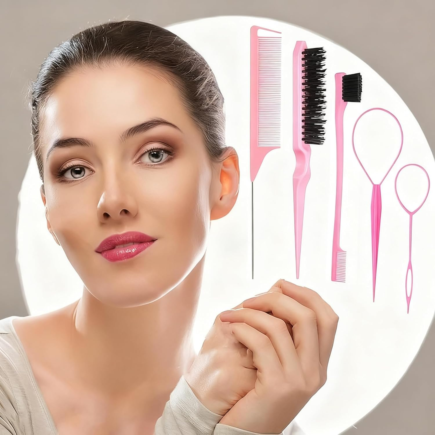 5Pcs Pink Slick Back Brush Set - Topsy Tail Tool, Volumizing Teasing Comb for Women & Girls, Flyaways Control & Edge Styling image number 5