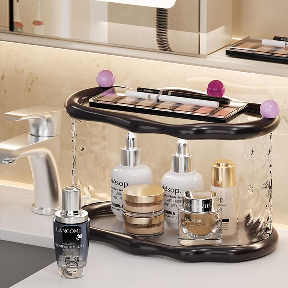 2-Tier Cloud-Inspired Acrylic Organizer &ndash; Black Vanity Storage Rack for Bathroom, Bedroom, and Dressing Table, Perfume Makeup Skincare Cosmetic Holder
