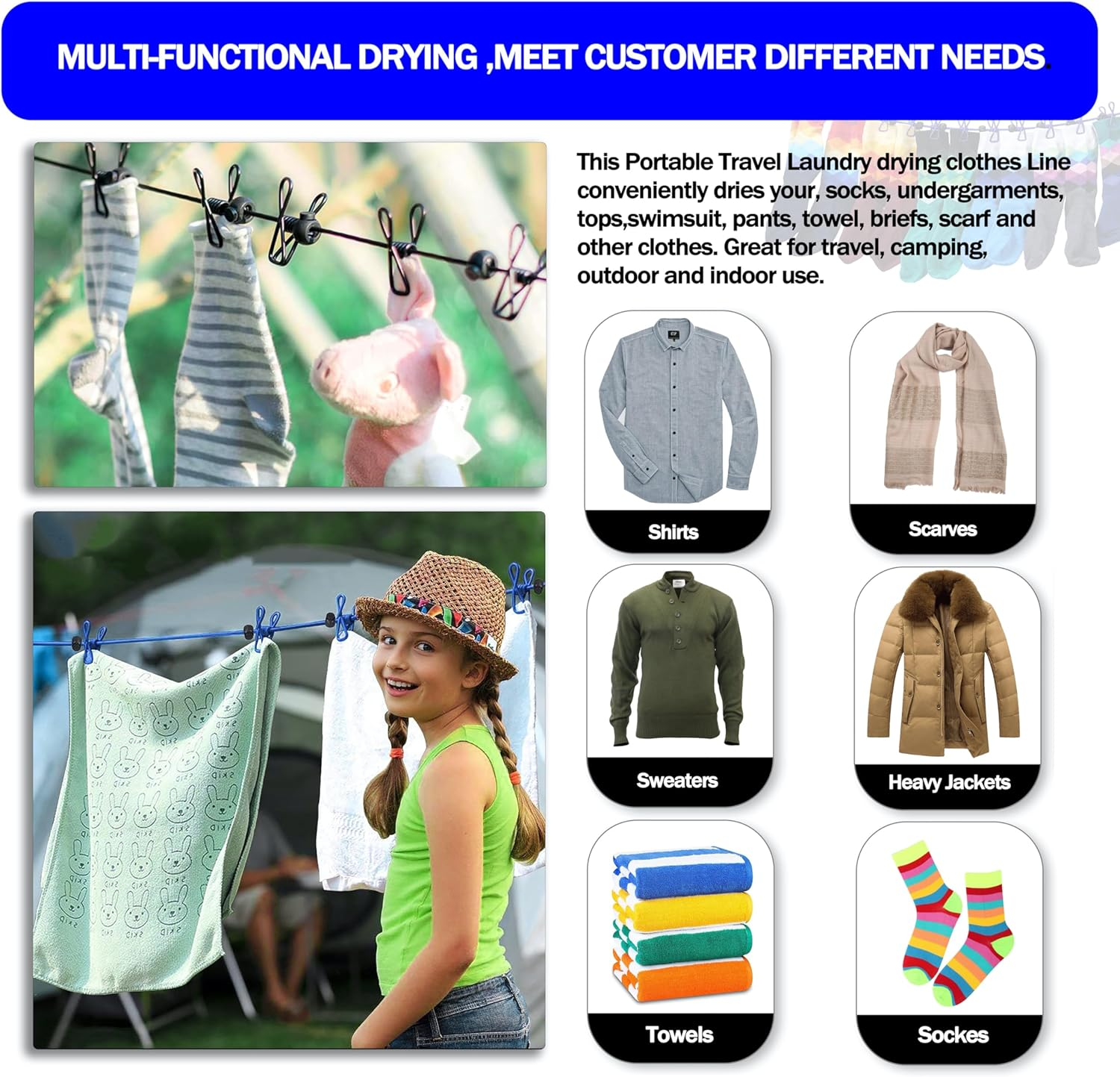 Portable Clothesline with 12 Clothespins, [2 Pack] Gvtech Windproof Travel Clothesline Stretchy Retractable Elastic Laundry Clothes Line for Backyard Vacation Hotel Balcony Clothes Drying (Black+Blue) image number 6