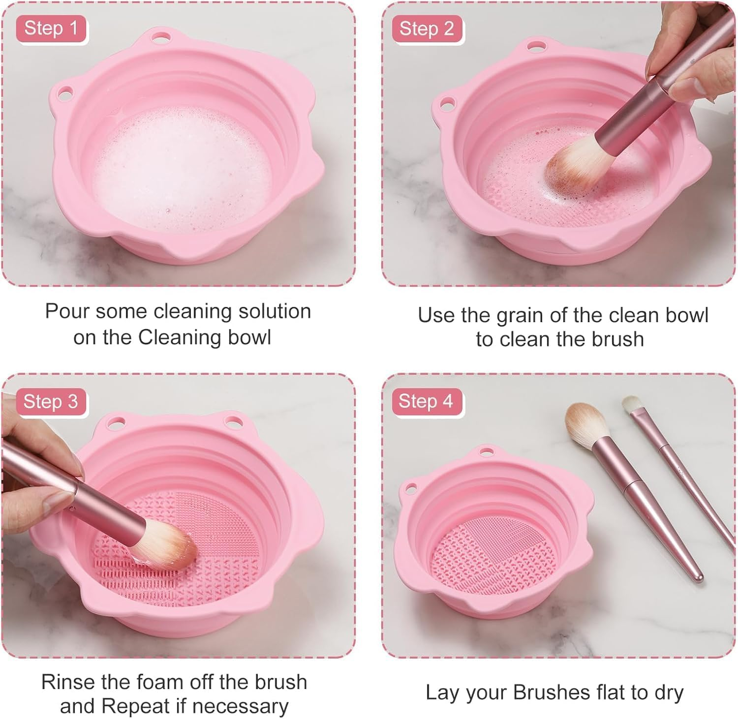 Makeup Brush Cleaner, Foldable Silicone Brush Cleaner Bowl Srubber, Portable Washing Tools for Makeup Brush,Powder Puff,Sponge (Pink, 14.5 * 14.5 * 5 CM)