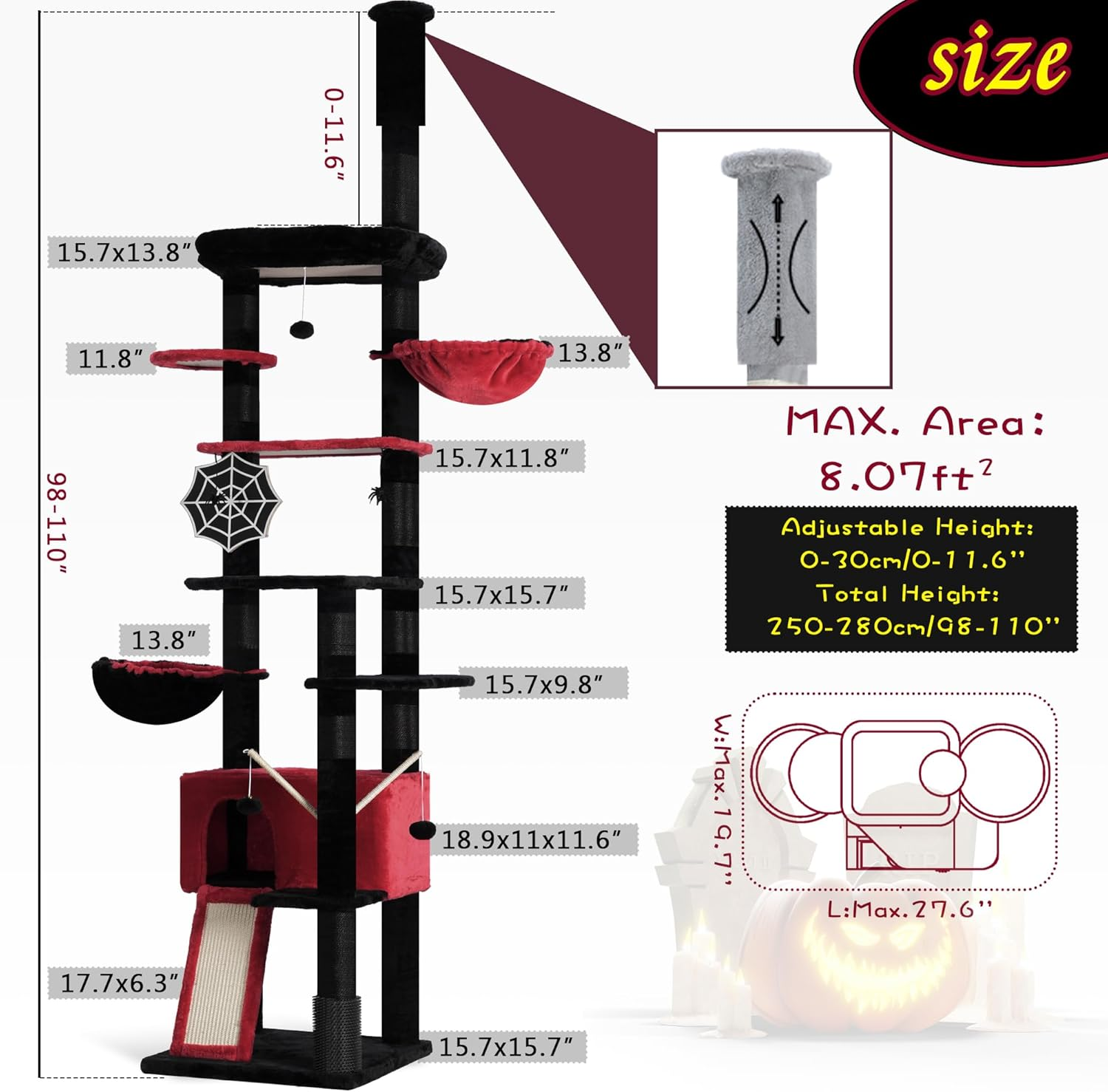 Hey-Brother Gothic Cat Tree, 98.4-110.2 Inches Floor to Ceiling Cat Tree-Adjustable Height, Tall Cat Climbing Tower for Cats Large Adult with Scratching Post, Cat Cando, Black and Red 0MPJ091BR - Light Gray image number 6