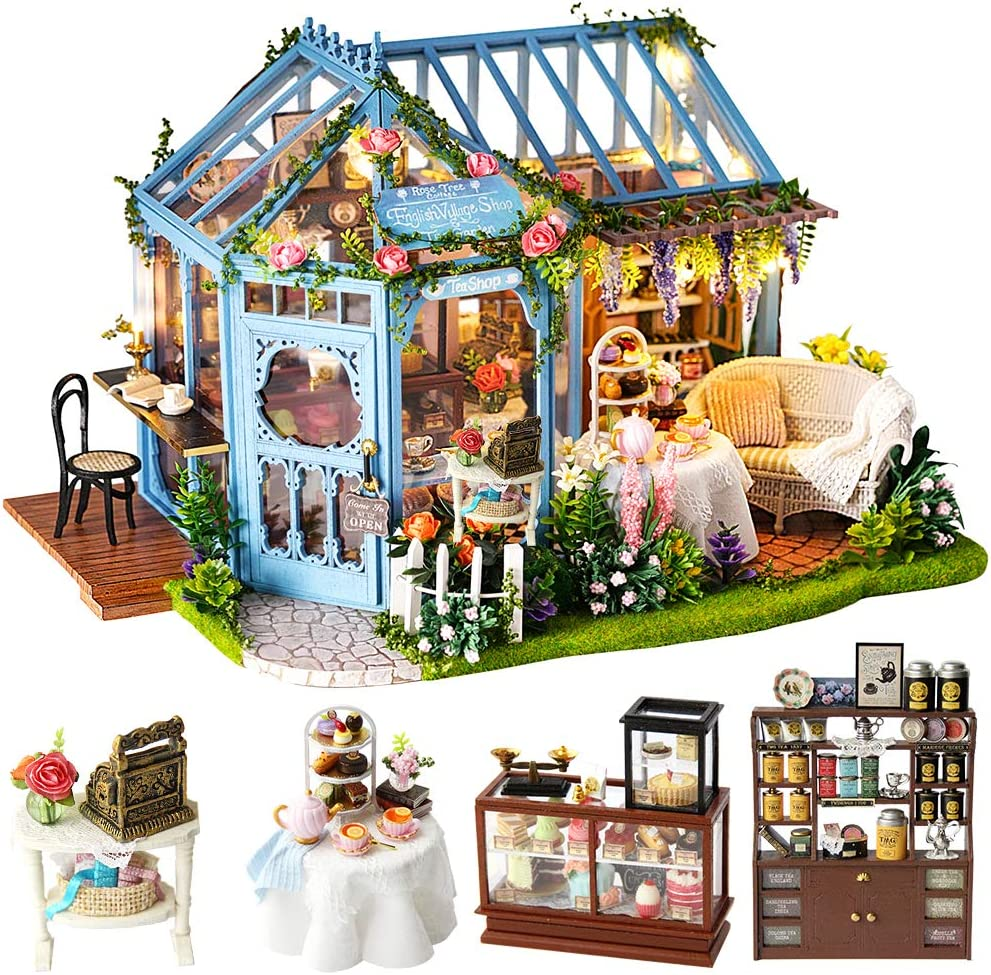 CUTEBEE Dollhouse Miniature with Furniture, DIY Dollhouse Kit plus Dust Proof and Music Movement, 1:24 Scale Creative Room Idea(Rose Garden Tea House)