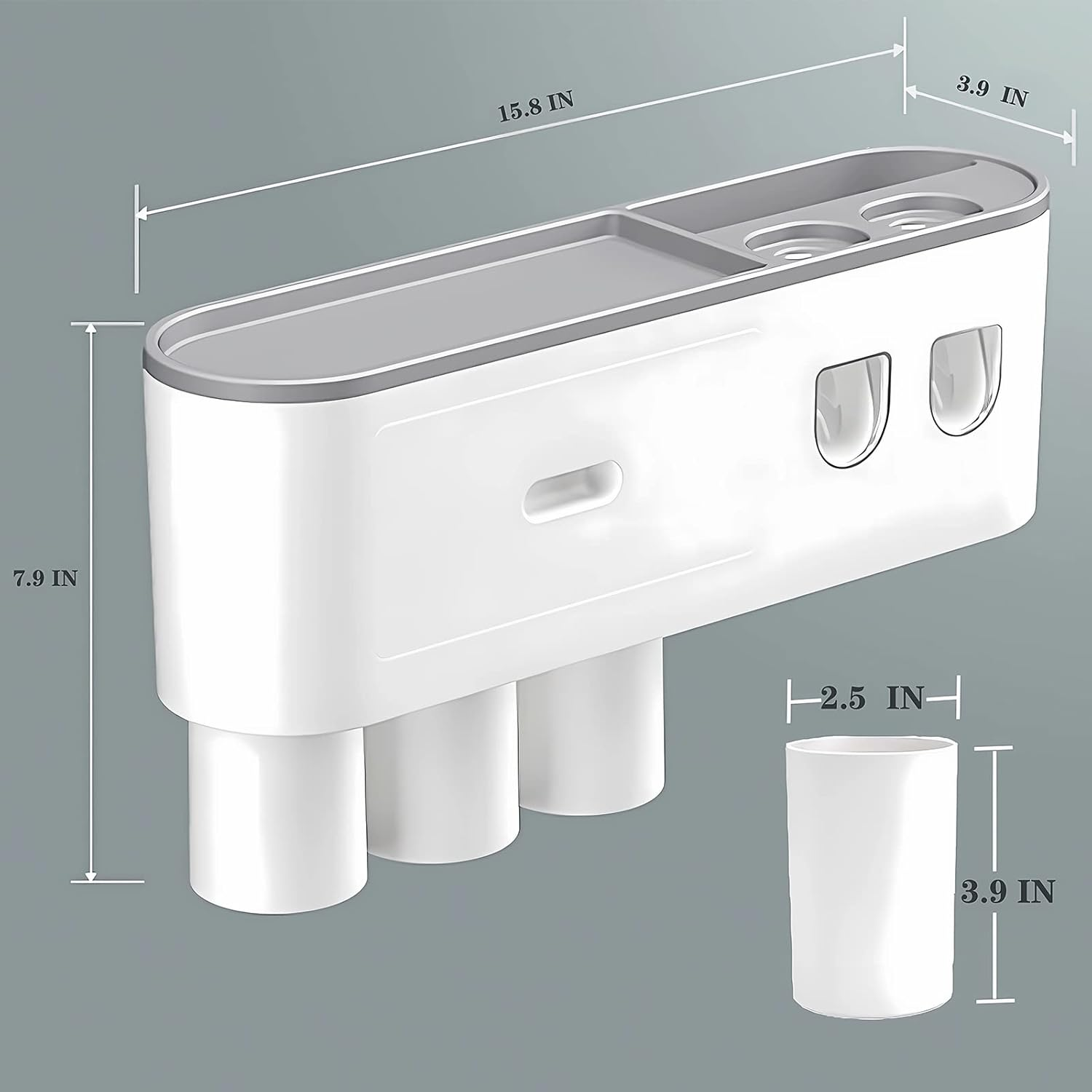 Hushnow Toothbrush Holder Wall Mounted,Double Automatic Toothpaste Dispensers with 6 Brush Slots 3 Magnetic Cups 1 Cosmetic Drawer Organizer 1 Large Storage Tray,Grey Toothbrush Holder Set - 3 Grey image number 3