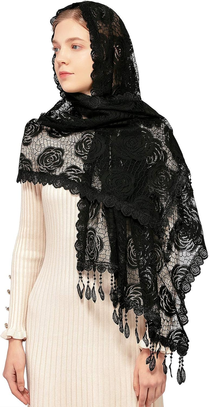 Wgior Rose Rectangular Chapel Veil Scarf Catholic Church Veils Mantilla Wrap Shawl Mass Head Covering