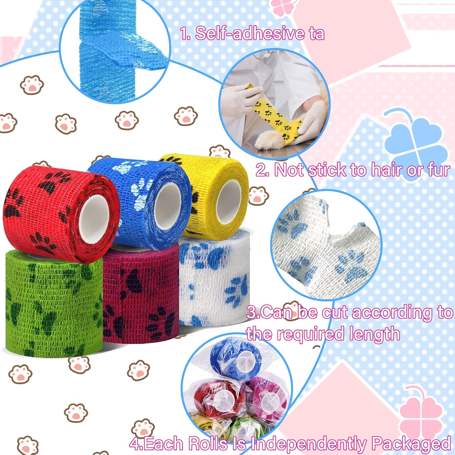 BOROLA Self Adhering Bandage Wrap Self Adherent Wrap Dogs Hoeses Pet Animals for Wrist Healing Ankle Sprain and Swelling(6 Pcs Multi-Color)