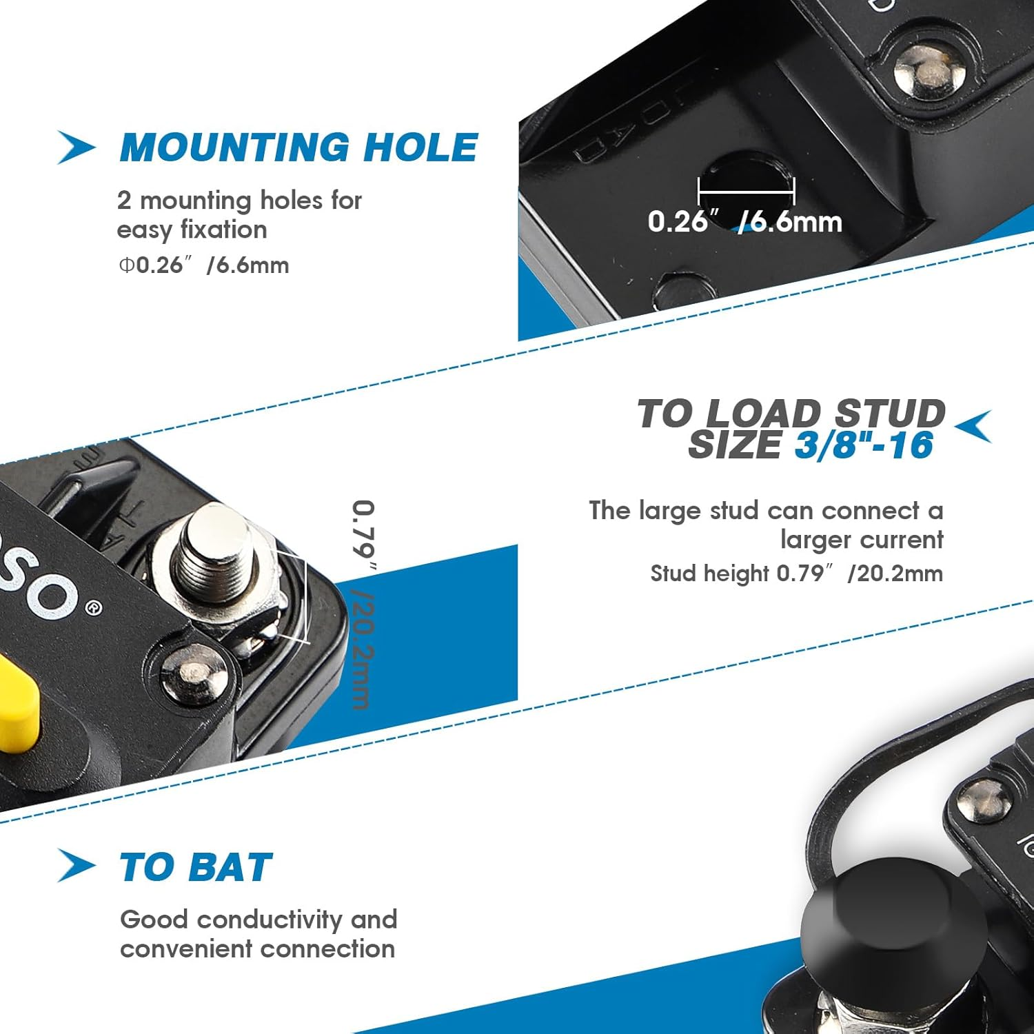 GLOSO E93 100A Circuit Breaker Waterproof IP67 Extended Surface Mount 3/8" Diagonal Stud for Marine RV and Truck Applications 12V-48V DC Protection (100A) image number 5