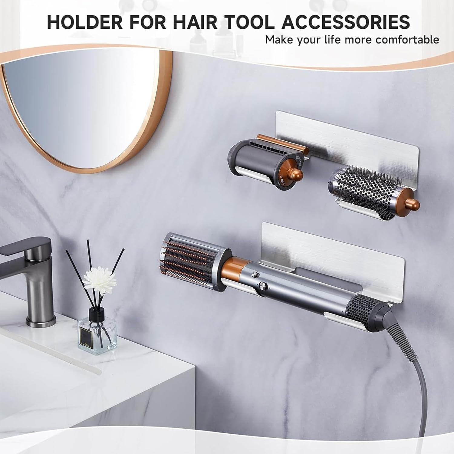 Wall Mounted Hair Dryer Holder, Metal Hair Dryer Hanger Rack, No Punching Hair Dryer Hanger, Wall Mount Hair Styling Tools Organizer for Bathroom Living Room Vanity image number 3