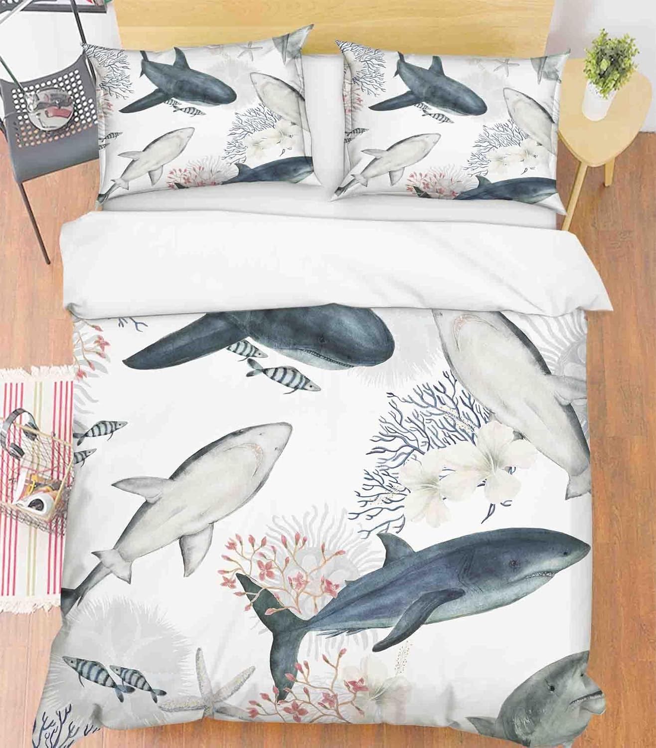 3D Shark Coral Floral Quilt Cover Set Bedding Set with Pillowcases, Single/Double/Queen/King Size (King) image number 2
