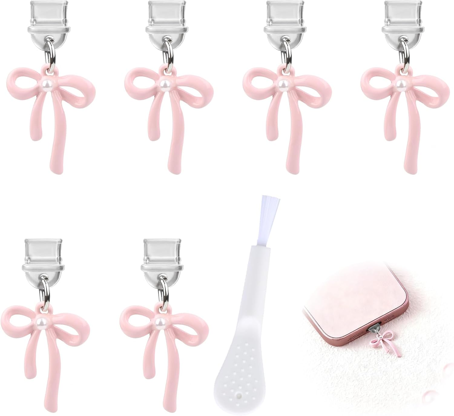 Ozessence 6 Pcs USB-C Dust Plug, Bow-Knot Type-C Anti-Dust Protection Plugs Suitable for Iphone 14/15/16 Pro Max Samsung Galaxy Tablet for All Type-C Ports with Cleaning Brush(Pink) image number 2