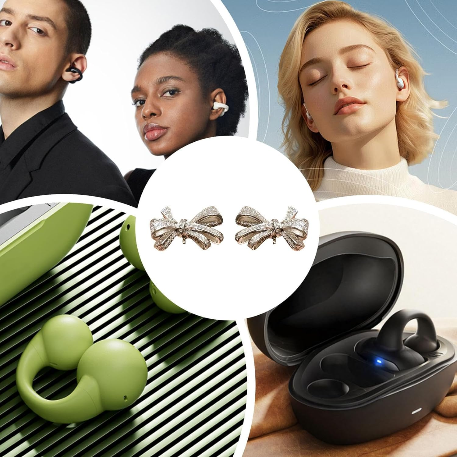 Open Ear Buds Rhinestone | Clip on Earphone Bow-Shaped Rhinestone,Open-Ear Earphone Decoration Jewelry for Traveling Friend Daughter Home - Bow image number 5