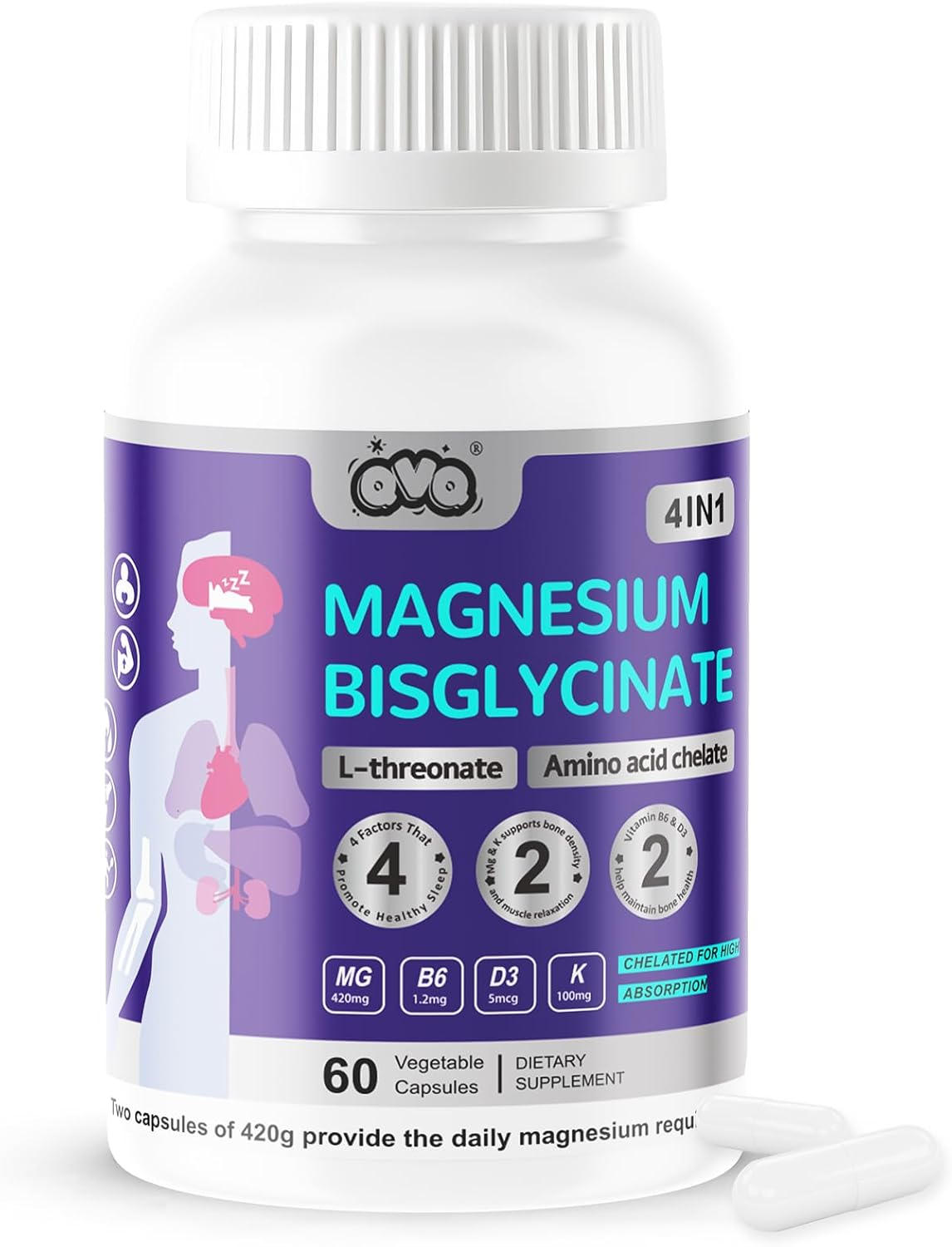 Magnesium Complex Capsules with Vitamin B6 D3 Aand Potassium Citrate, L-Threonate Amino Acid Bisglycinate Chelated 420Mg Magnesium Supplement(60) image number 6