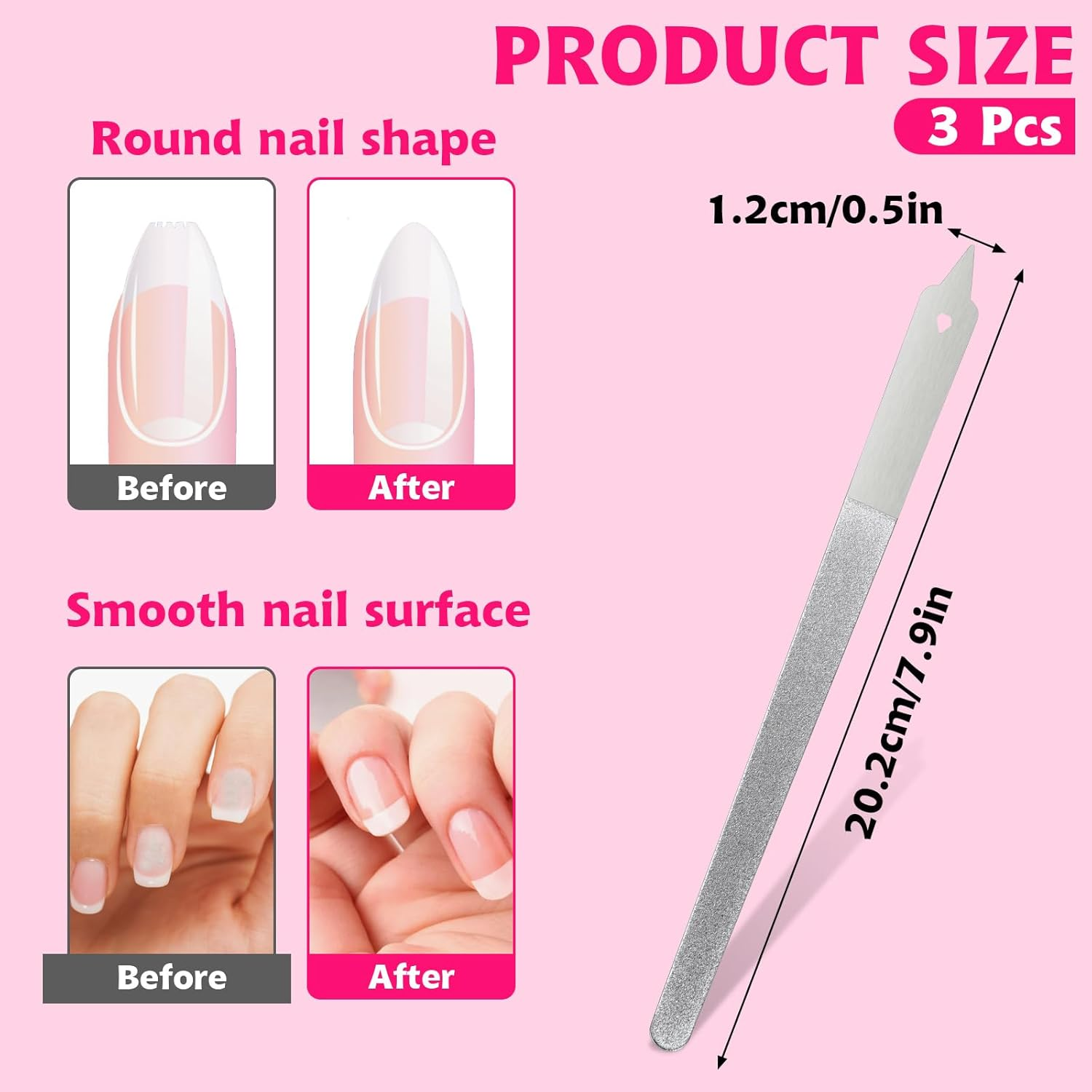 Metal Nail File(3Pcs), Nail Files for Natural Nails with Sharp Pointed Tip, Stainless Steel Nail Filer, Diamond Nail Files Non-Slip Handle for Salon Manicure Pedicure Toenails Tools Home (20.2Cm) image number 5
