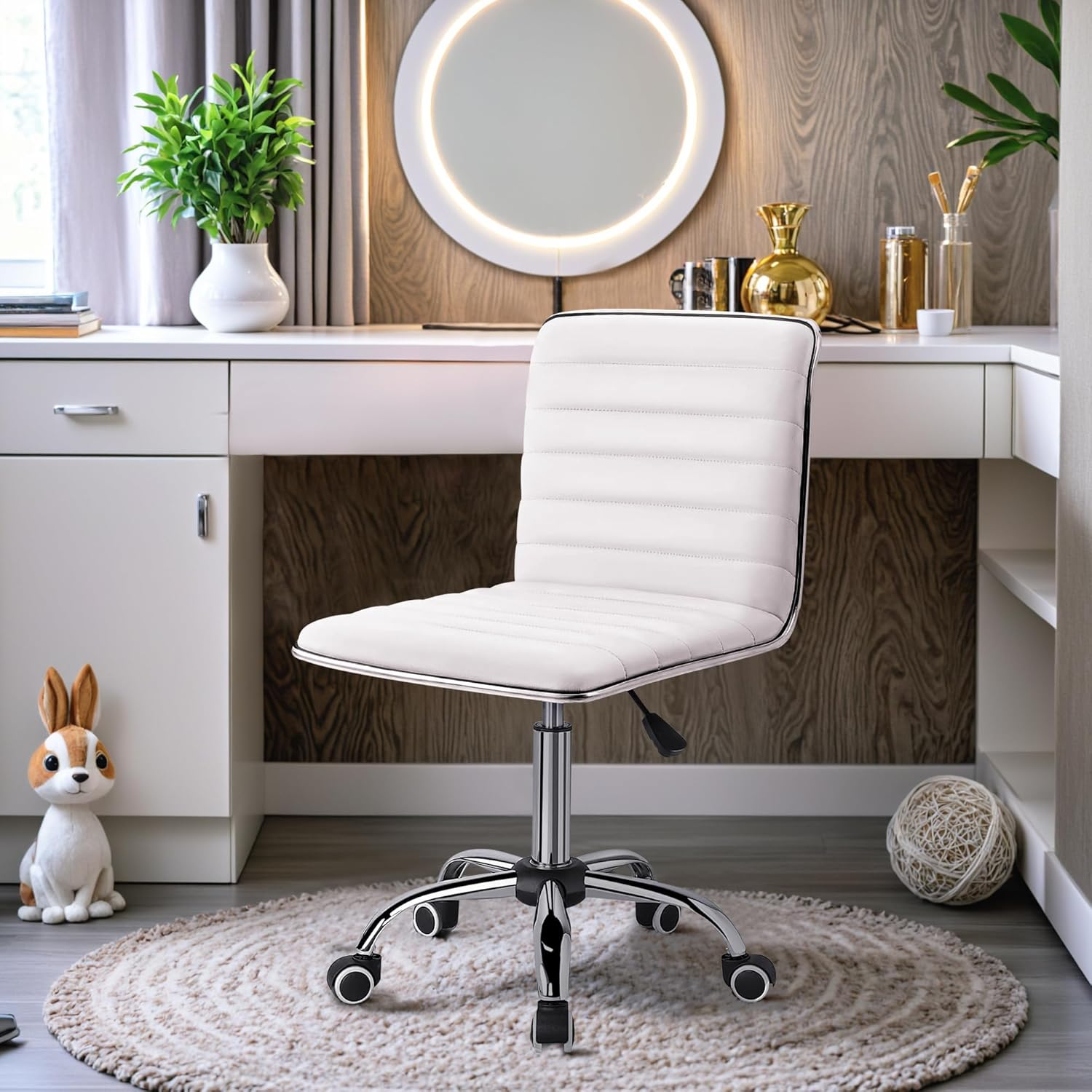Furmax Mid Back Vanity Chair for Makeup Room, Low Back PU Leather Swivel Computer Desk, Task and Office Chair Retro with Armless Ribbed (White) - Brown image number 2
