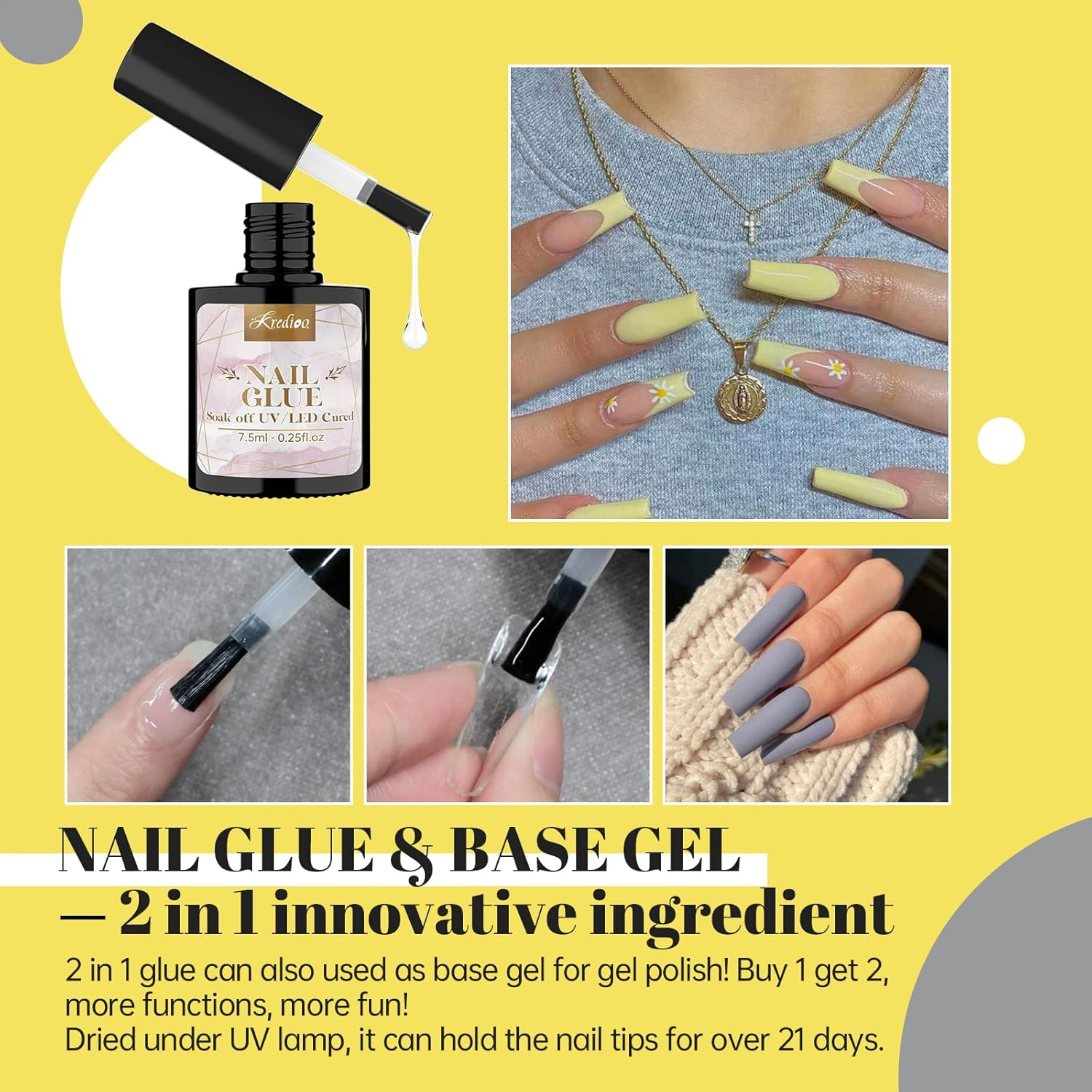 Kredioo Gel X Nail Kit Glue and False Tips Easy Extension with UV Nail Lamp, Glue Gel, 500PCS Coffin Nails, Dehydrator Easy DIY Starter Set image number 3