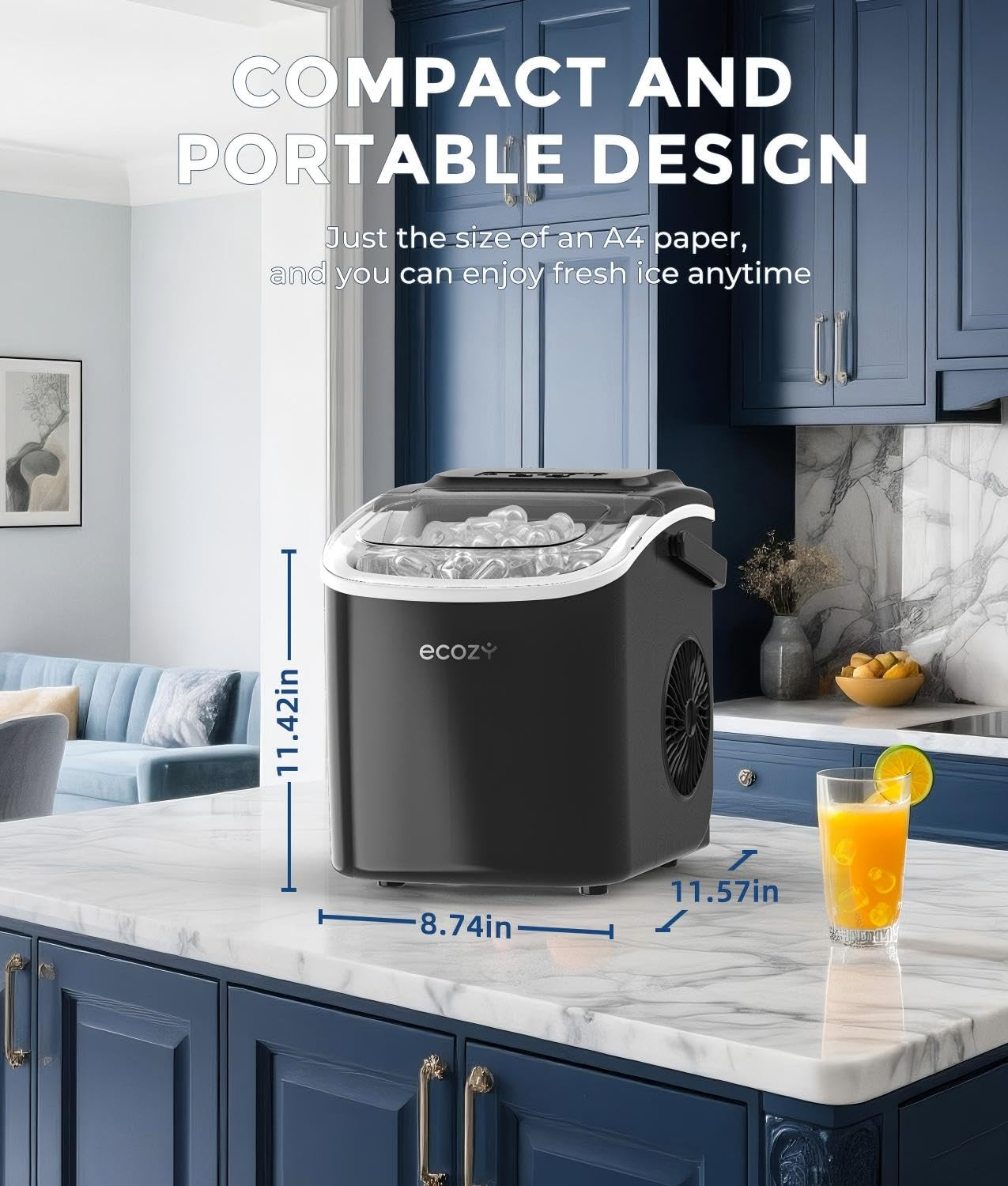 Ecozy Ice Maker Machine, Portable Ice Machine, 9 Ice Cubes in 6 Mins, 12KG in 24Hrs, 2 Sizes of Ice, Self-Cleaning Ice Cube Maker, Countertop Ice Maker for Home/Office/Kitchen/Bar image number 3
