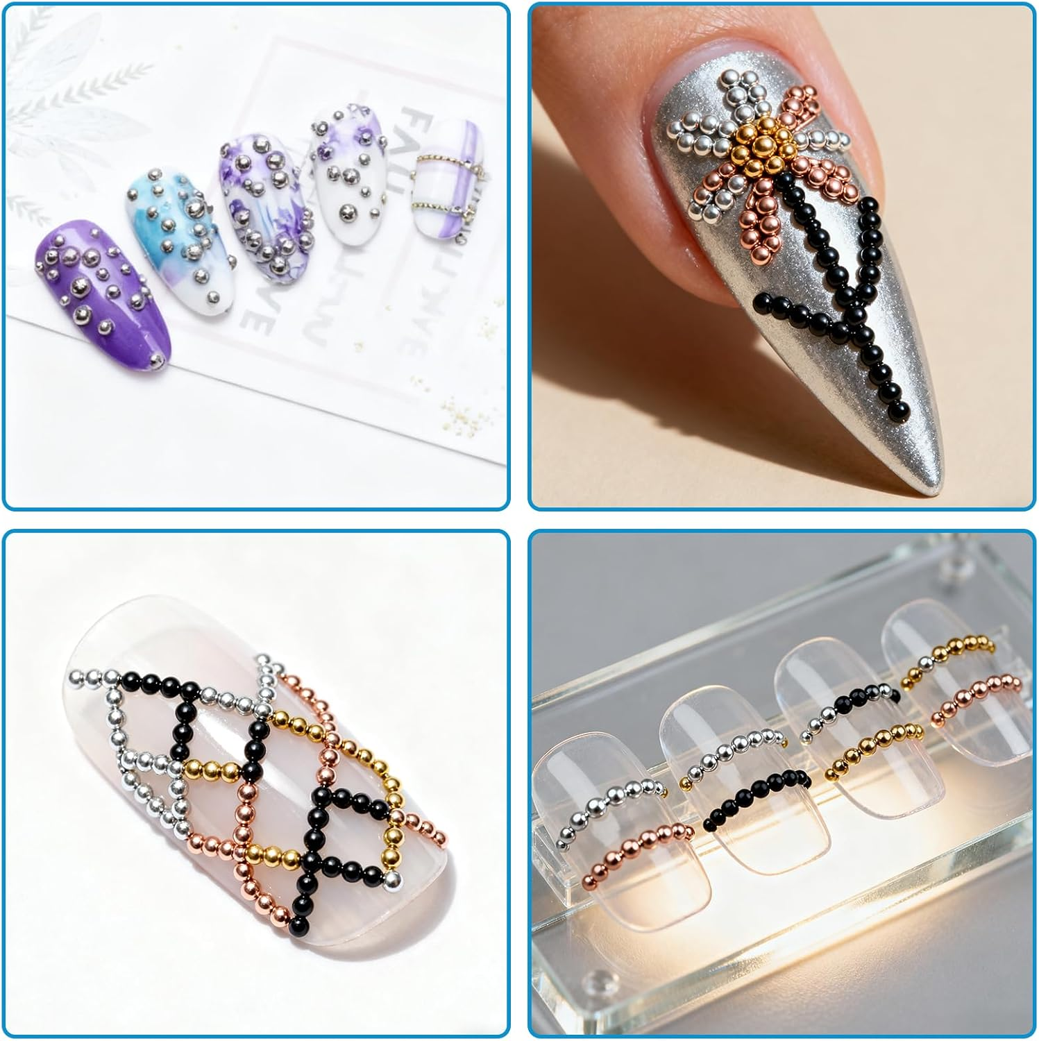 Teccfly Premium DIY Nail Charms, Nail Pearls& Metal Caviar Beads,Accessories for Face Art & Crafts (Gold, Silver, Rose Gold, Gun Gray) image number 3