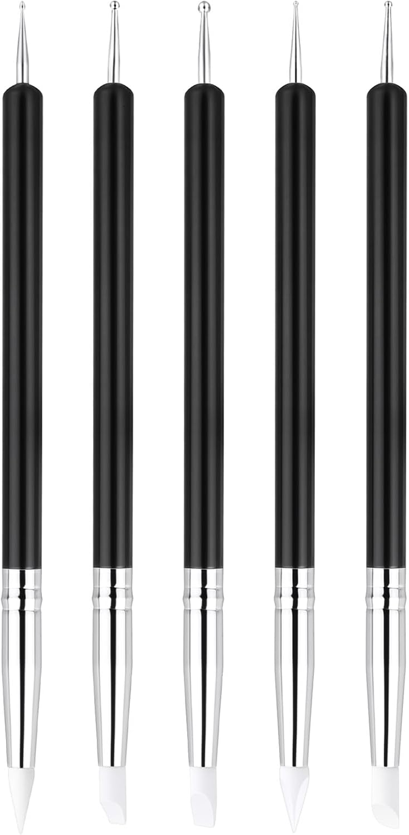 BUTBU 5PCS Nail Art Sculpture Pen, Dual Tipped Silicone Nail Tools, Doubel Ended Dotting Pen Tool, Rhinestone Nails Polish Carving Pen, Silicone Nail Tool for DIY Decoration, Salon (Black)