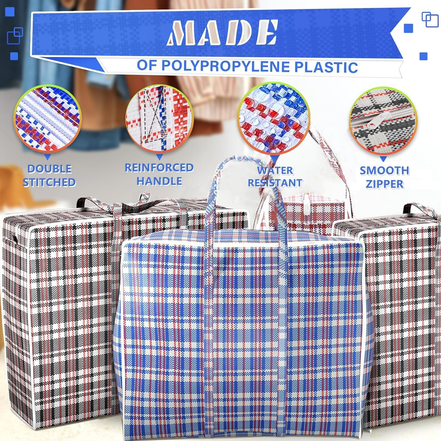 4Pcs Extra Large Laundry Bag with Handles,31.5 X 23.6 X 9.8 Inch Durable Moving Bags with Zippers,Checkered Travel Bags Reusable Organizer Bag for Storage of Clothes Bedding Duvets,Moving House image number 4
