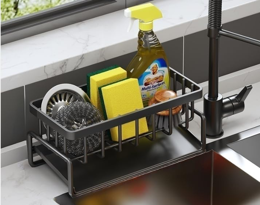 Kitchen Sink Caddy Organiser - Multifunctional Stainless Steel Rack with Self - Draining Tray, Ideal for Sponge, Dish Soap, Scrubber Brush & Dishcloth Storage, Tidy up Your Kitchen Space