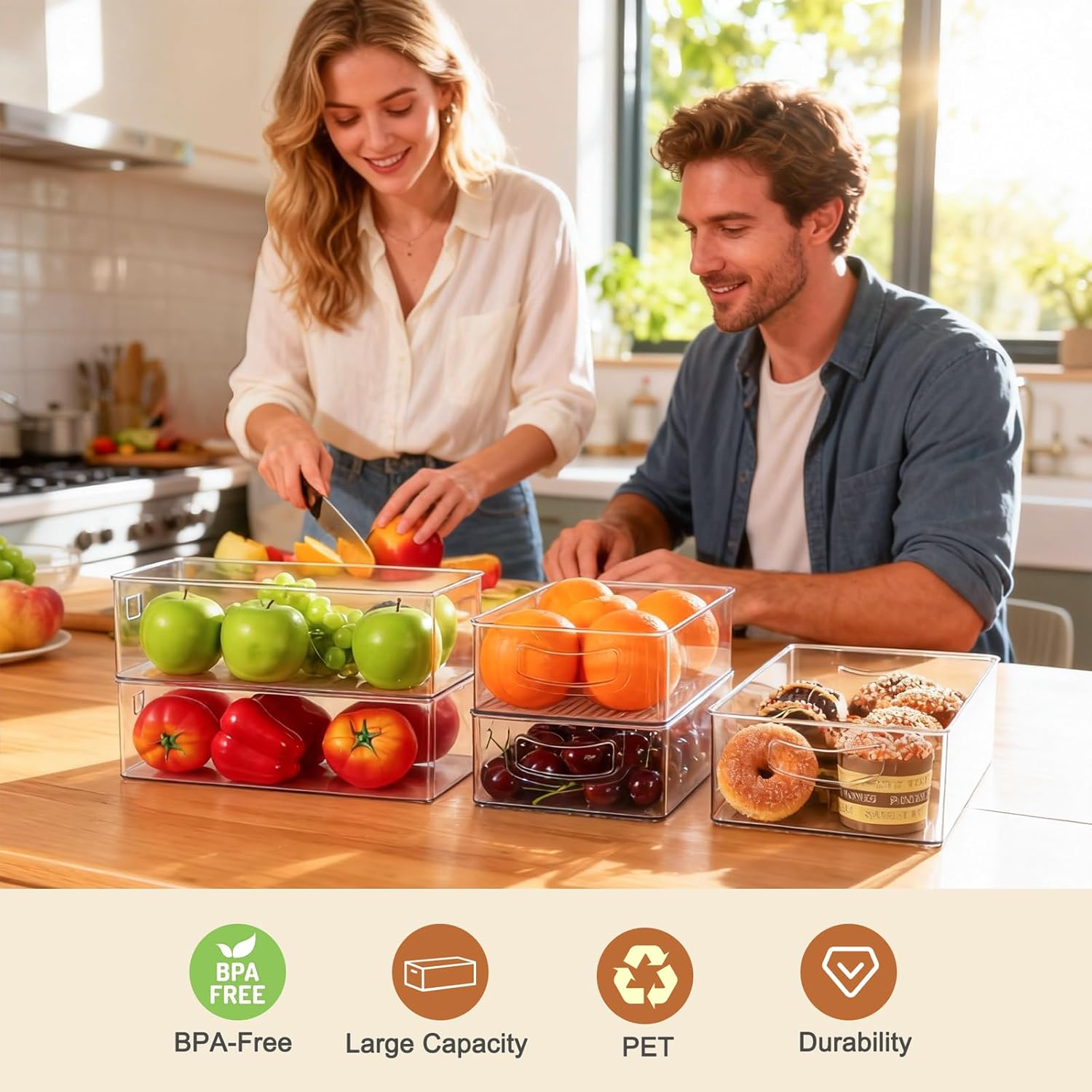 Hudgan Clear Storage Bins 8 Packs for Refrigerator, 4 Large Stackable Pantry Organizer Bins and 4 Medium Storage Plastic Containers for Home Edit, Kitchen, Freezer, Bathroom, Drawers, Shelves image number 5