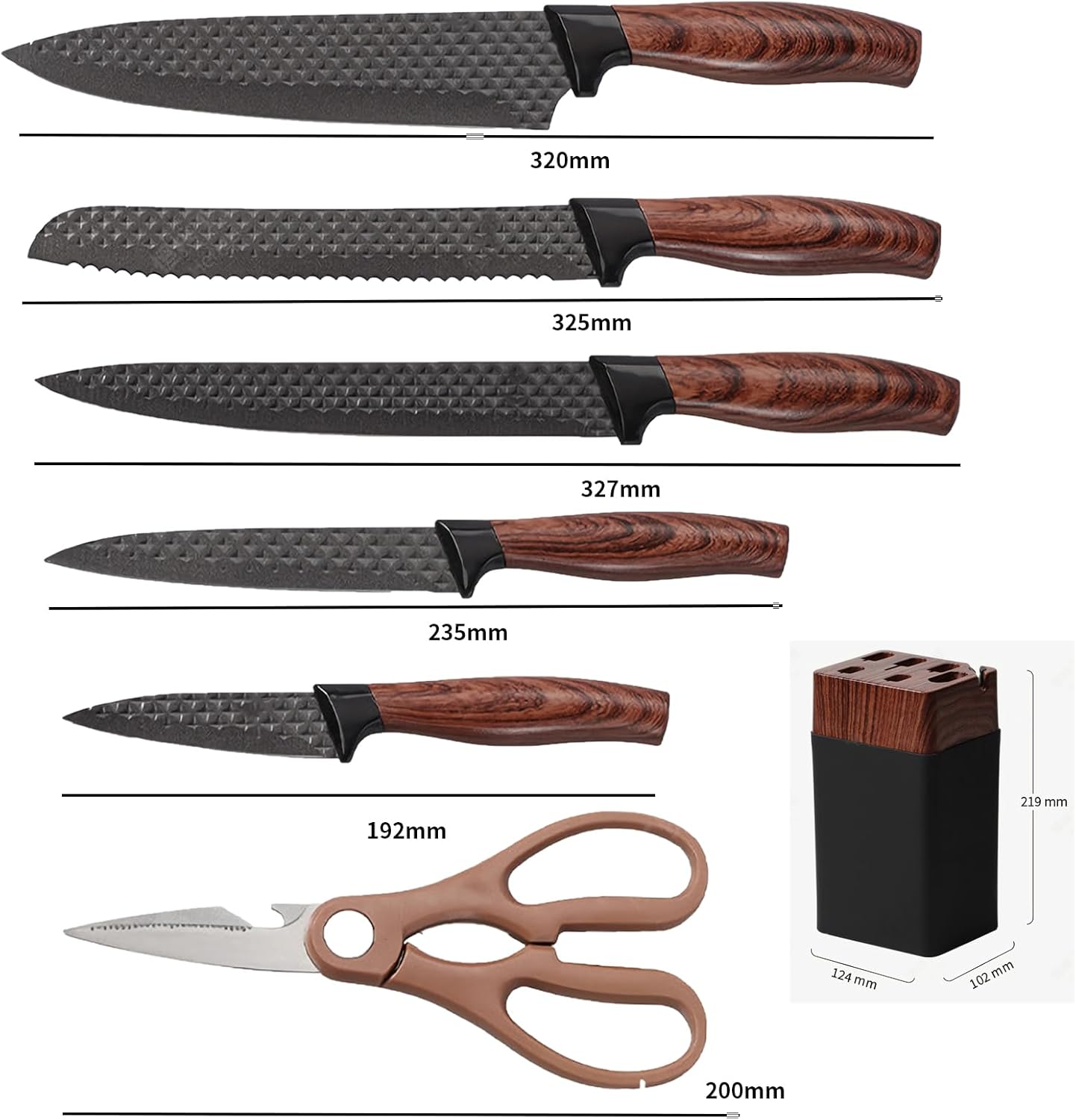 Knife Set, 7 PCS Stainless Steel Kitchen Knife Block Set with Built in Knife Sharpener, Black Non Stick Coated Knife, No Rust and Sharp Knife,Best Giftdark Brown Handle image number 6