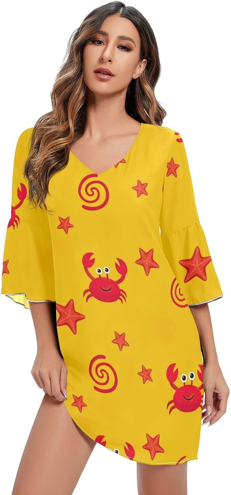Cute Red Cartoon Crabs V Neck Dress Printed Maternity Dress Party image number 5